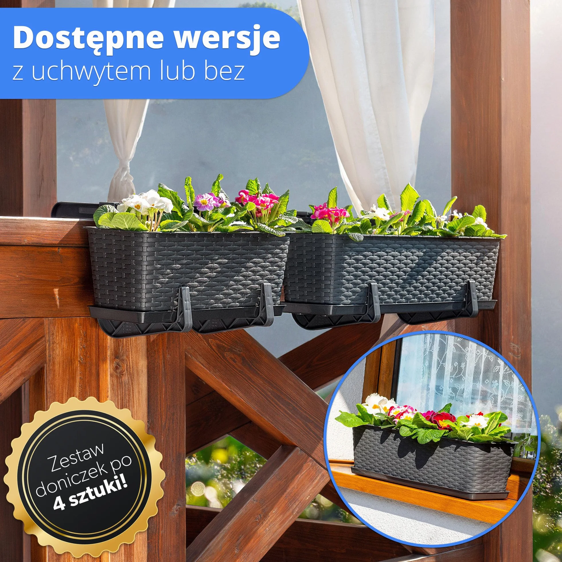 KADAX Zestaw 4 szt. Skrzynki balkonowe 60 cm, antracyt, na balkon i do ogrodu, są odporne na warunki atmosferyczne i mają stabilną konstrukcję.