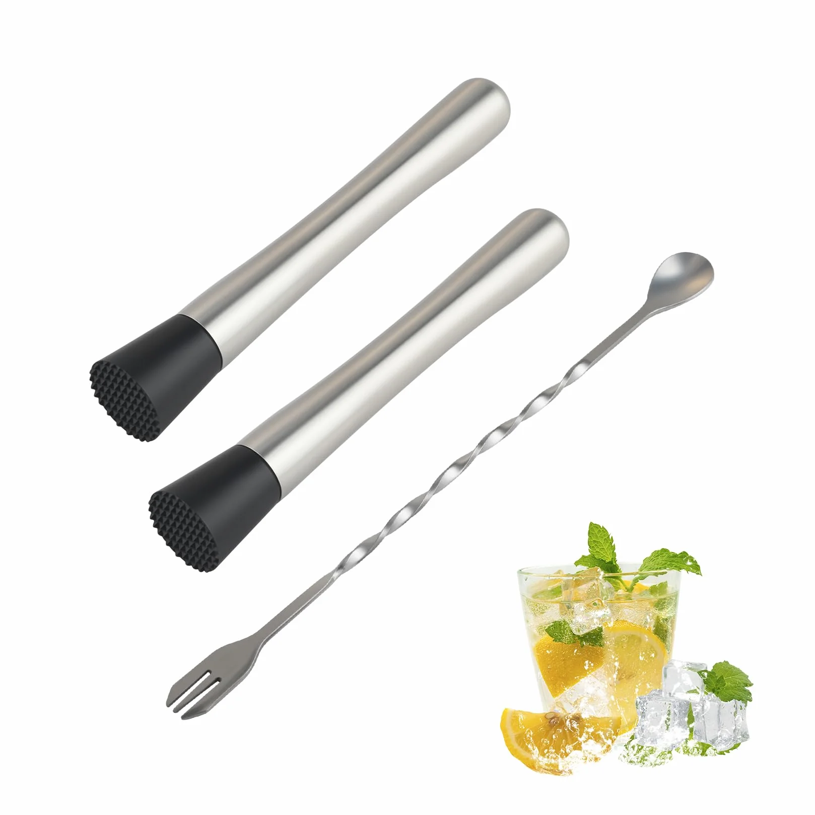 2 sztuki tłuczek do koktajli z łyżką barową, kruszarka do lodu ze stali nierdzewnej i ubijak Mojito – narzędzia do barmańskiego Caipirinha, napojów i akcesoriów barowych, akcesoria do koktajli