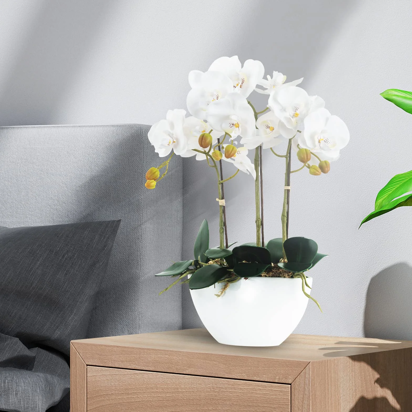Ziwon Sztuczne kwiaty orchidei doniczkowe w ceramicznej doniczce, białe sztuczne storczyki Phalaenopsis na centralny element stołu, realistyczny sztuczny kwiat w wazonie do domu, biura, dekoracja