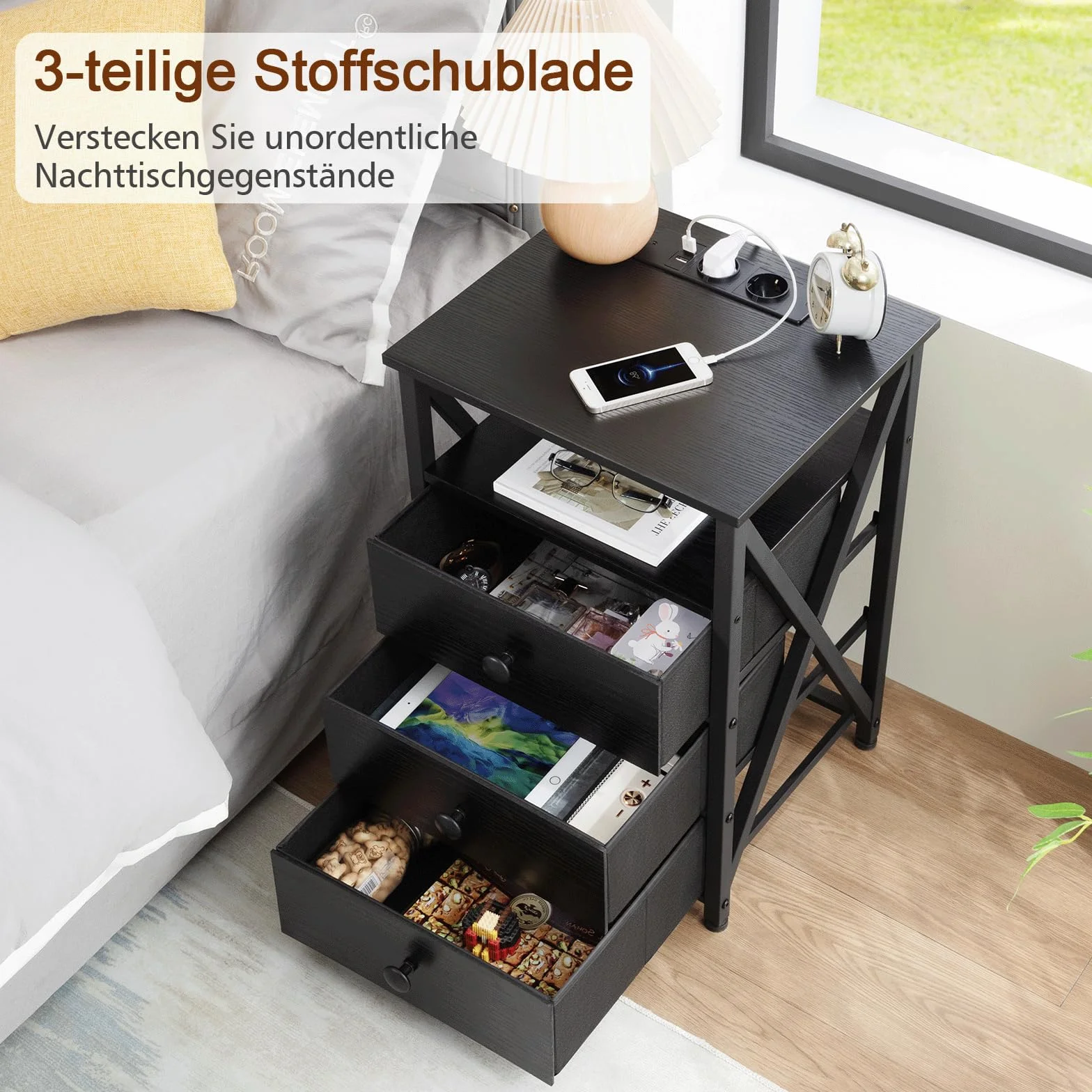 AMHANCIBLE Stolik nocny z LED, stolików nocnych z stacją ładującą, stolik boczny z 3 szufladami z materiału, szafka nocna z otwartą komorą, do salonu, sypialni, gabinetu, czarny HET053LBK-1