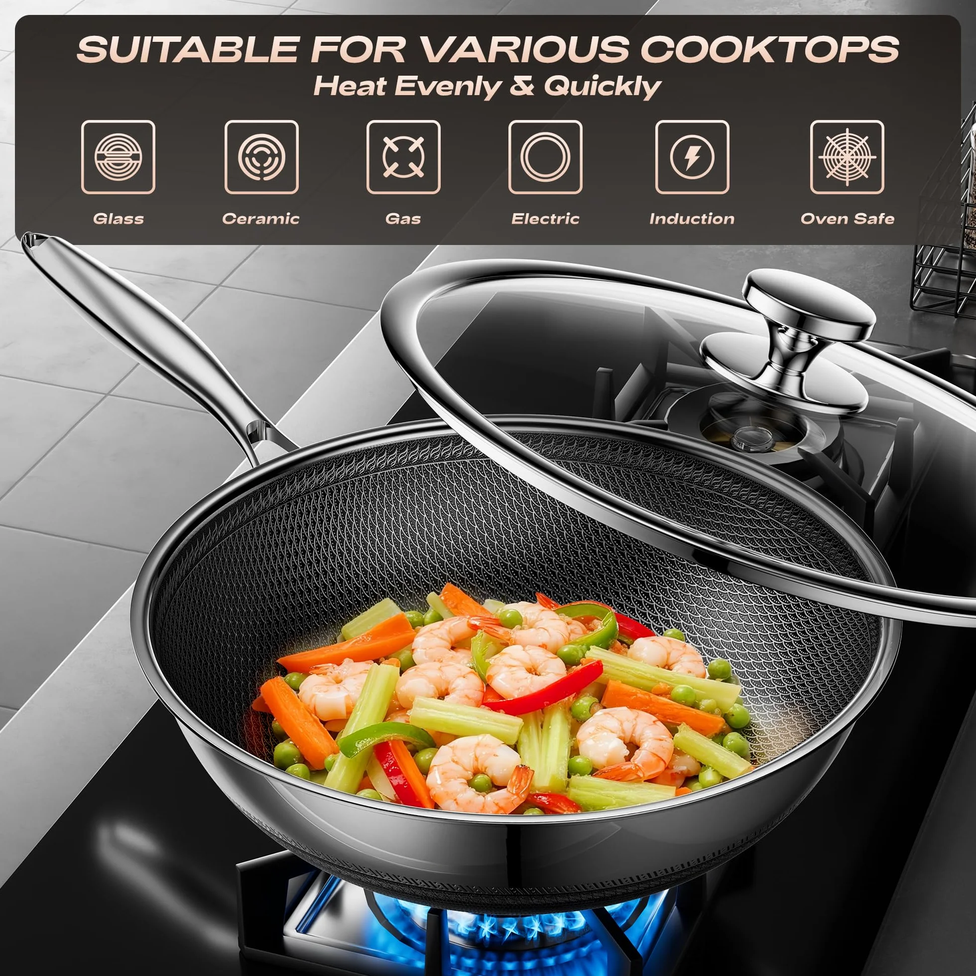 Wok nieprzywierający z pokrywką 30 cm, hybrydowy wok ze stali nierdzewnej, patelnia, uchwyt utrzymujący chłód, zmywarka, PFAS PFOA i PTFE, nadaje się do piekarnika do 260°C, nadaje się do