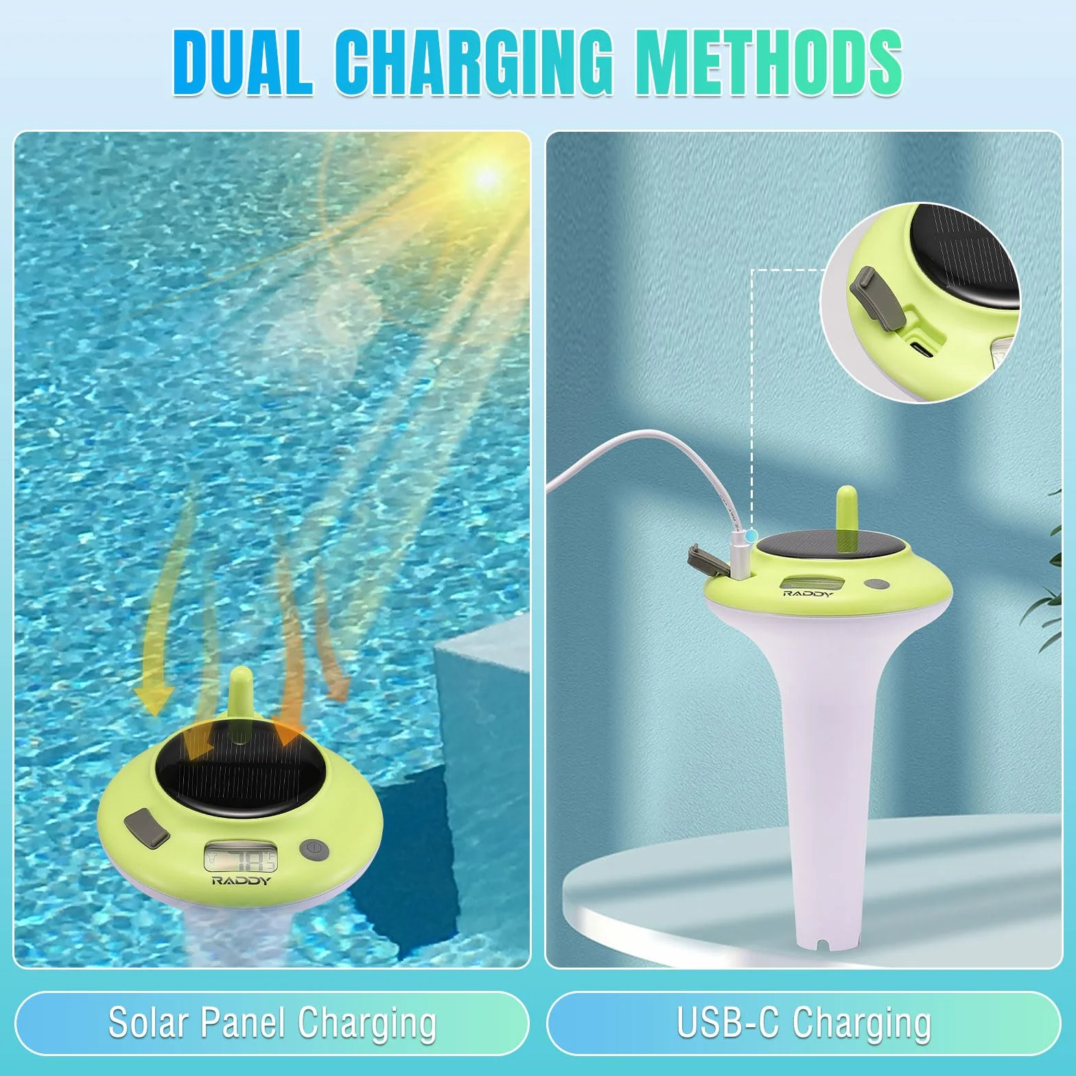 Raddy PT-5 Solar Pool Thermometer Pływający, Termometr o wysokiej dokładności, Łatwy do odczytania, IPX8, Zasilany energią słoneczną i baterią do basenów, jacuzzi, stawów, kąpieli lodowych