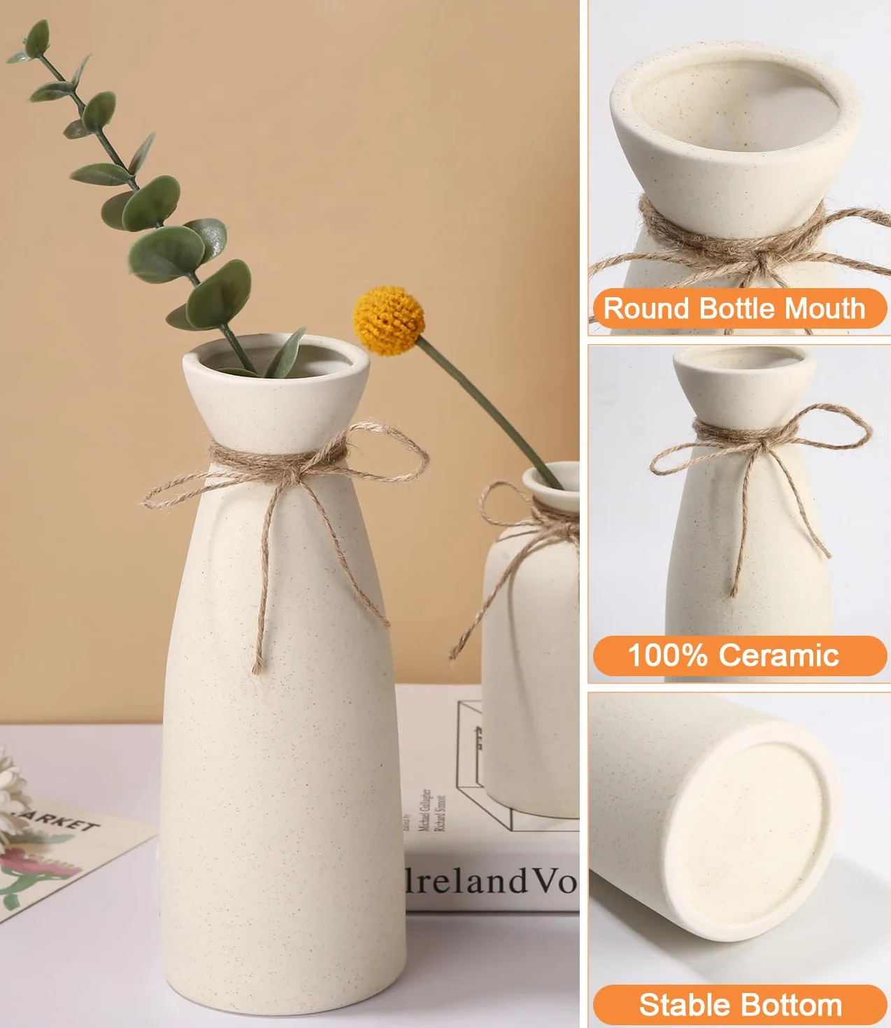 Beżowy Ceramiczny Wazon zestaw 3, nordycki współczesny i minimalistyczny wazon na kwiaty do wystroju domu, bukiet Pampas trawa Suszony świeży kwiat, centralny wystrój stołu