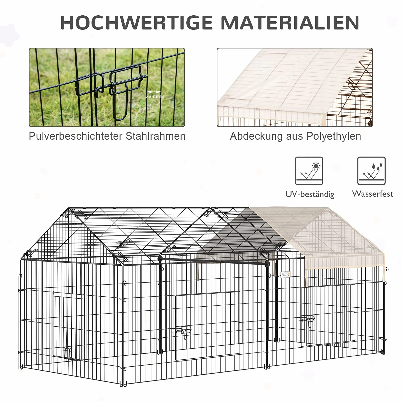 PawHut Wybieg dla małych zwierząt, wybieg dla świnek morskich, kojec z osłoną, wybieg dla małych zwierząt, stal, 220 x 103 x 103 cm, beżowy