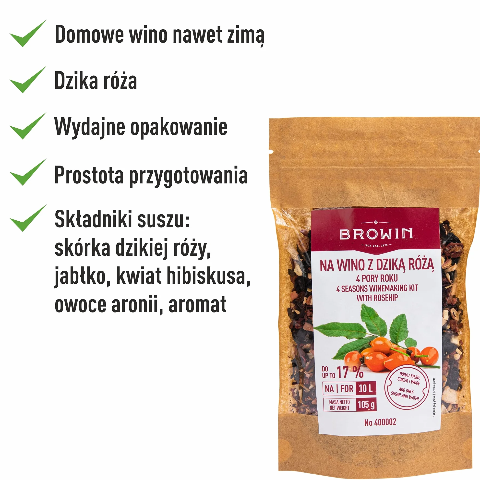 Browin 400002 Zestaw na wino 4 PORY ROKU - Dzika róża, na 10 L - wino z suszu kwiatowego i owocowego
