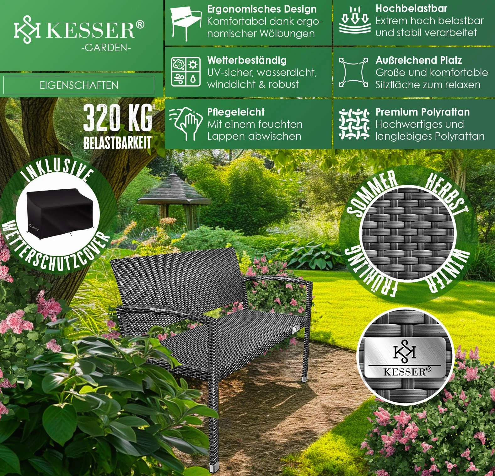 KESSER Ławka ogrodowa z polirattanu, 2-osobowa, odporna na działanie warunków atmosferycznych, odporna na działanie promieni UV, obciążenie do 320 kg, na balkon, 125 x 62 x 90 cm, meble ogrodowe z