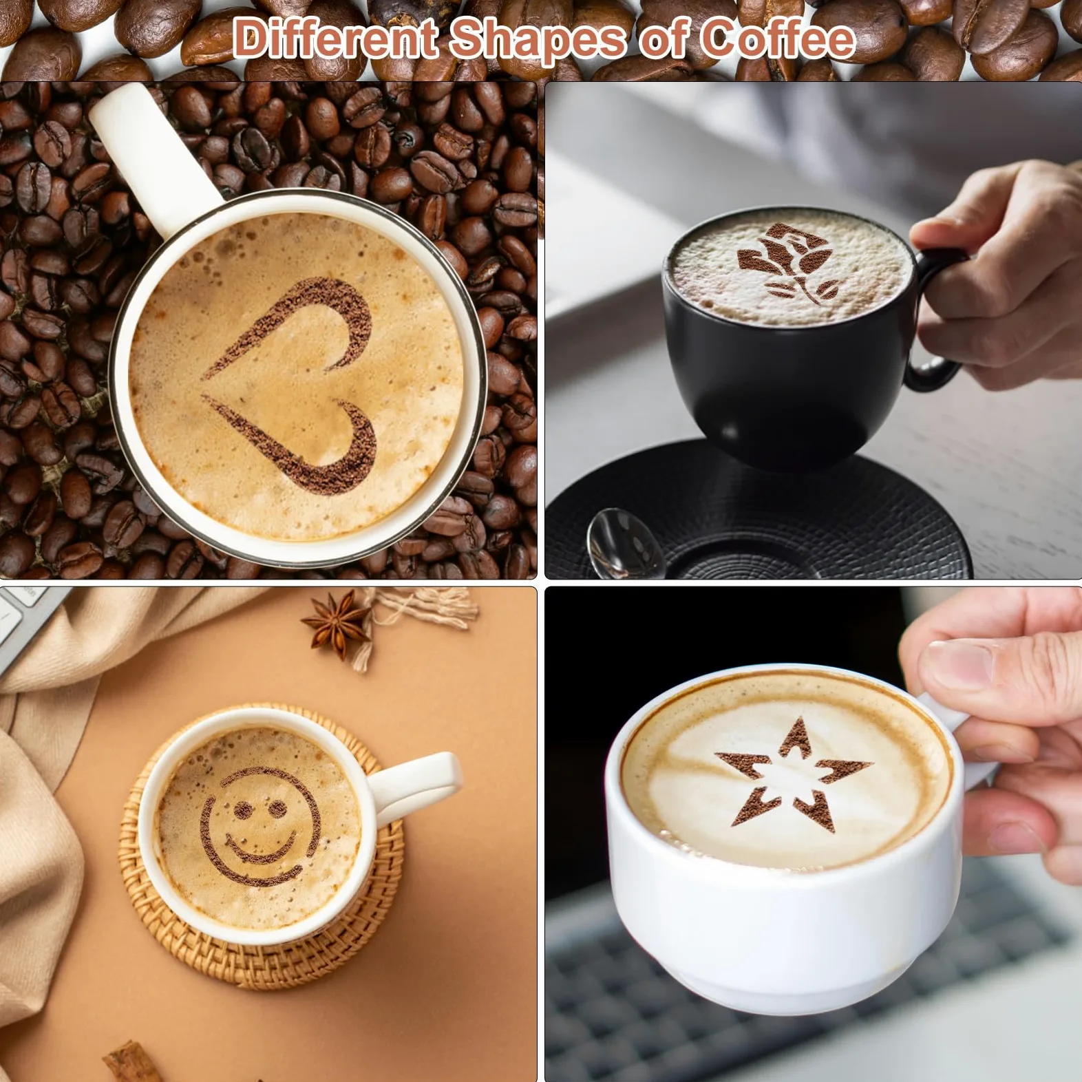 APOMOONS 8 sztuk szablonów do kawy, szablony do tortów ze stali nierdzewnej, akcesoria do kawy do latte art, cappuccino, dekoracja ciasta, 12 x 8,5 cm, 4 wzory