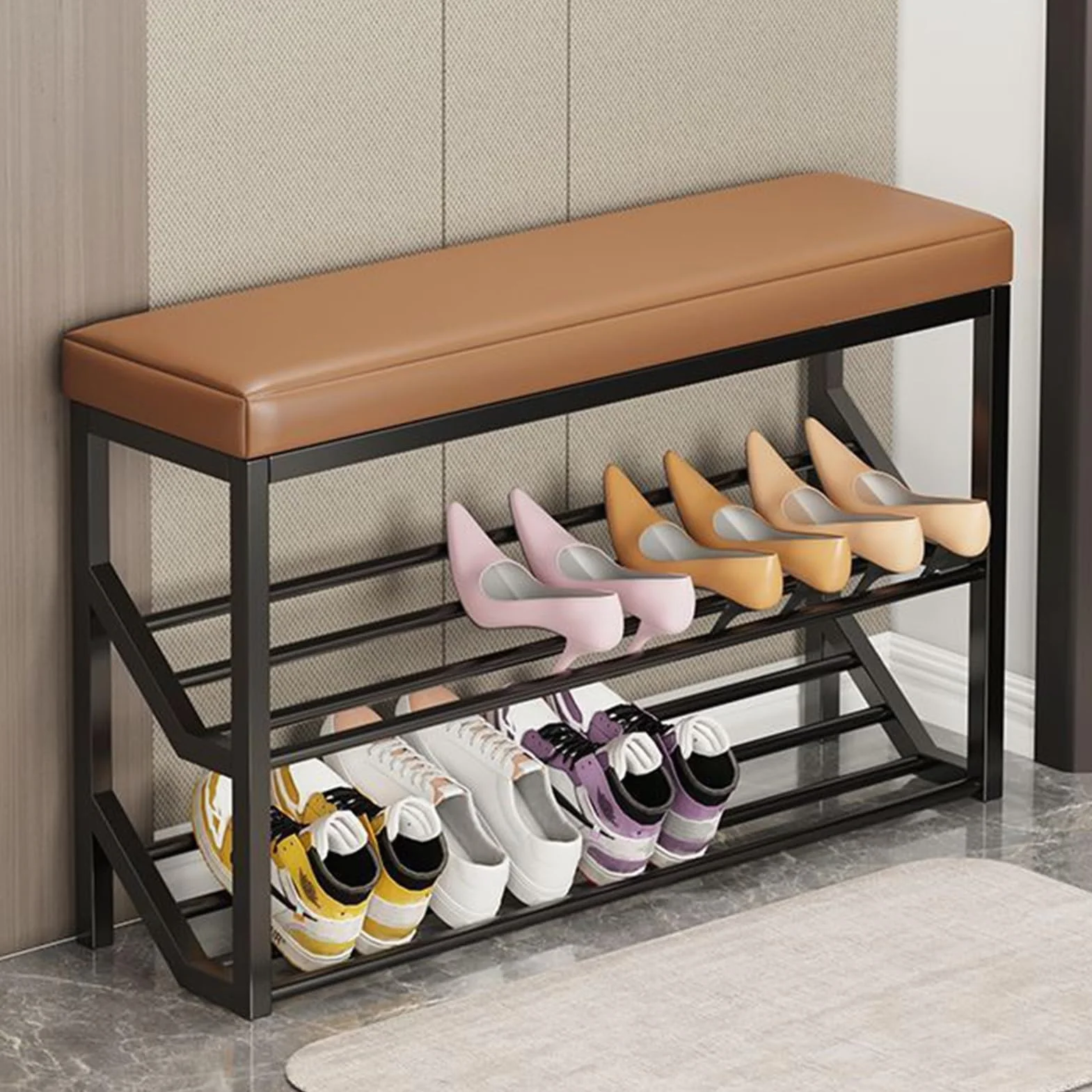 2-poziomowy metalowy stojak na buty z siedziskiem, schowek na buty wejściowe, duża pojemność, do przedpokoju, czarny, 60 cm – stylowe i funkcjonalne rozwiązanie na obuwie