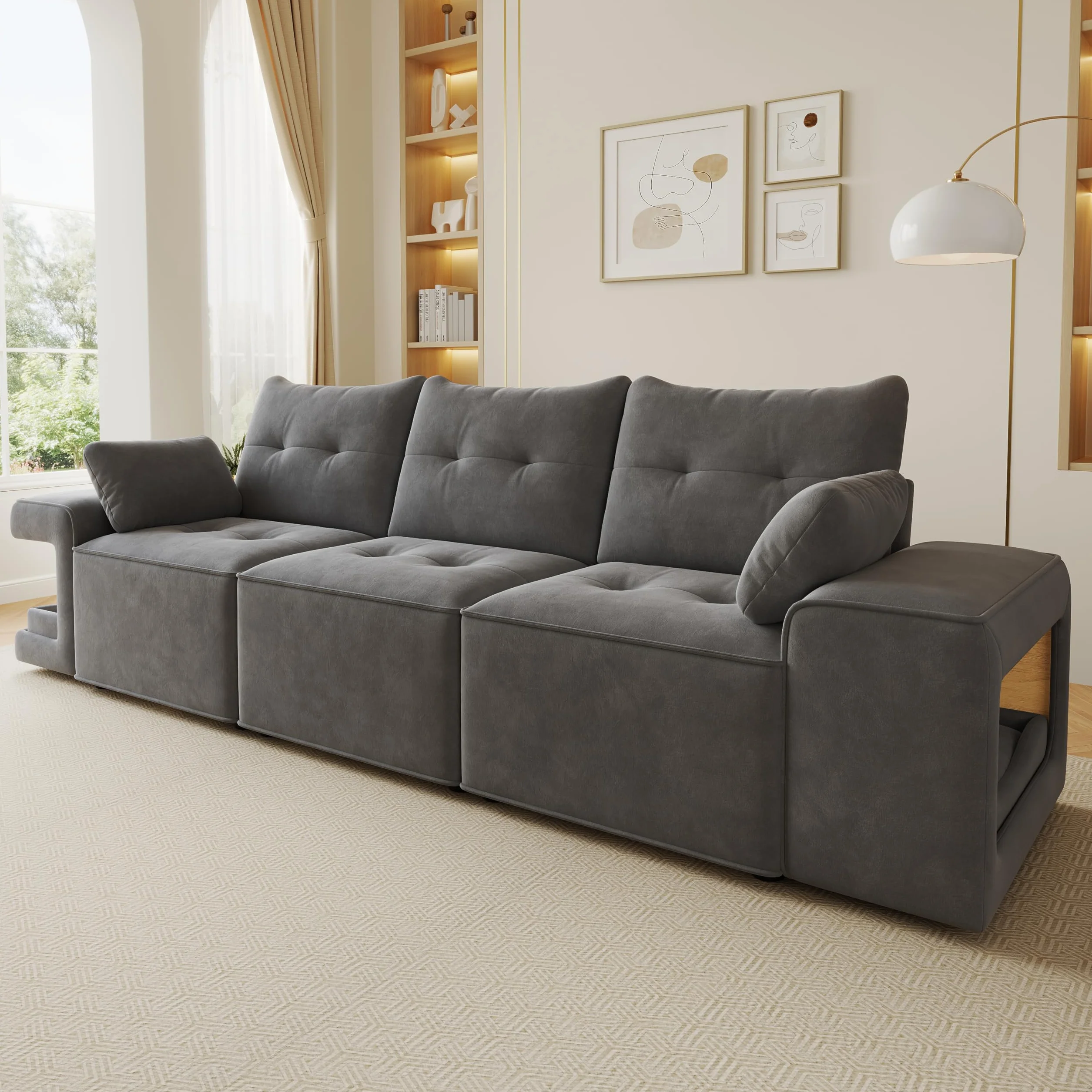 Nowoczesna 3-osobowa sofa, modułowa sofa Cloud z szerokimi podłokietnikami, miejscem do przechowywania, wyściełanym obszarem dla zwierząt domowych, w zestawie 2 poduszki, szara