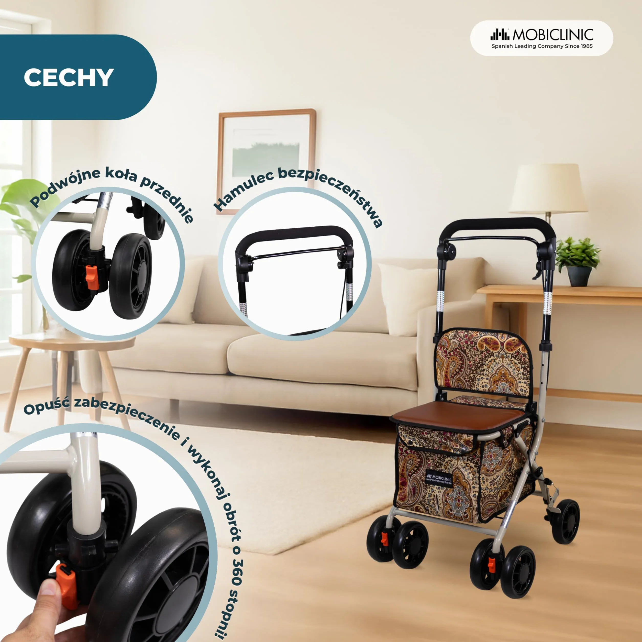 Mobiclinic®, Wózek Spacerowy Składany, Wózek na Zakupy z Siedziskiem, 21 L, Chodzik, Pojedyncza Dźwignia, Stal, Duży Kosz, Oparcie i Wyściółka, System Hamowania, Koła 360º, Coliseo