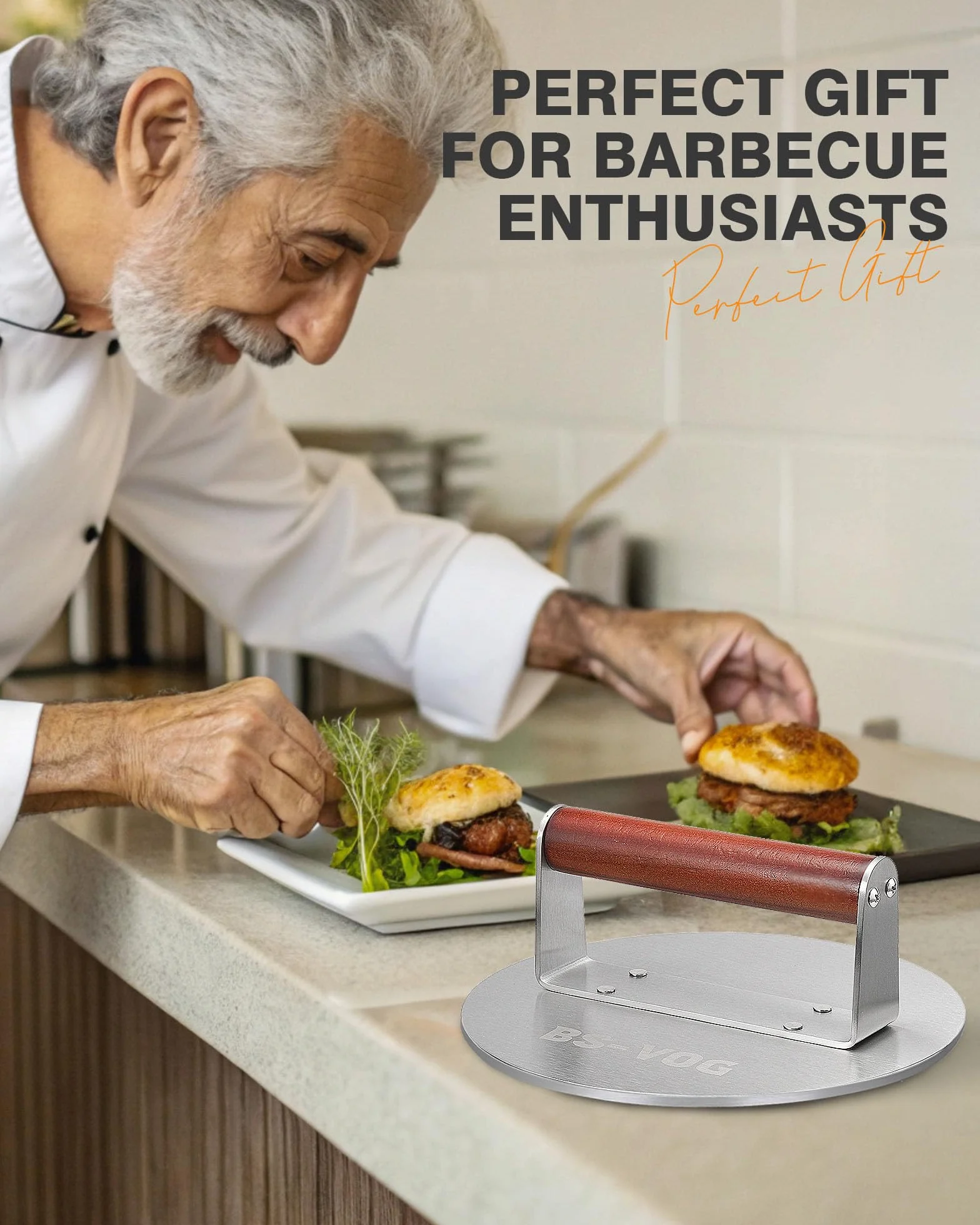 BS-VOG Prasa do burgerów smash 21,6 cm, ciężka waga 1,15 kg, z drewnianym uchwytem, ze stali nierdzewnej, do mięsa, kotletów, steków, bekonu, kiełbas, profesjonalne narzędzie akcesoriów do grilla