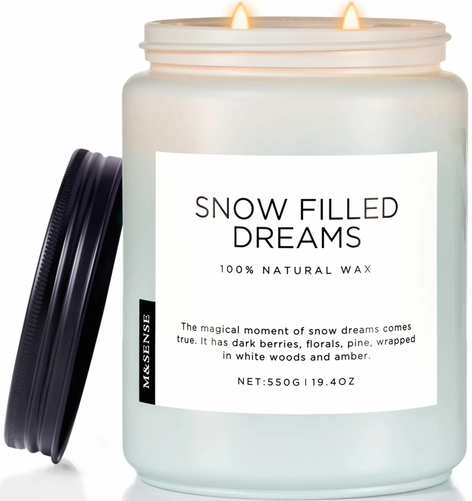 Świece zapachowe M&SENSE duże w szkle Śnieżne Marzenia Zimowe z jeżyną i sosną 550g, 110 godz. czasu palenia naturalne prezenty świec aromaterapeutycznych SnowFilledDreams