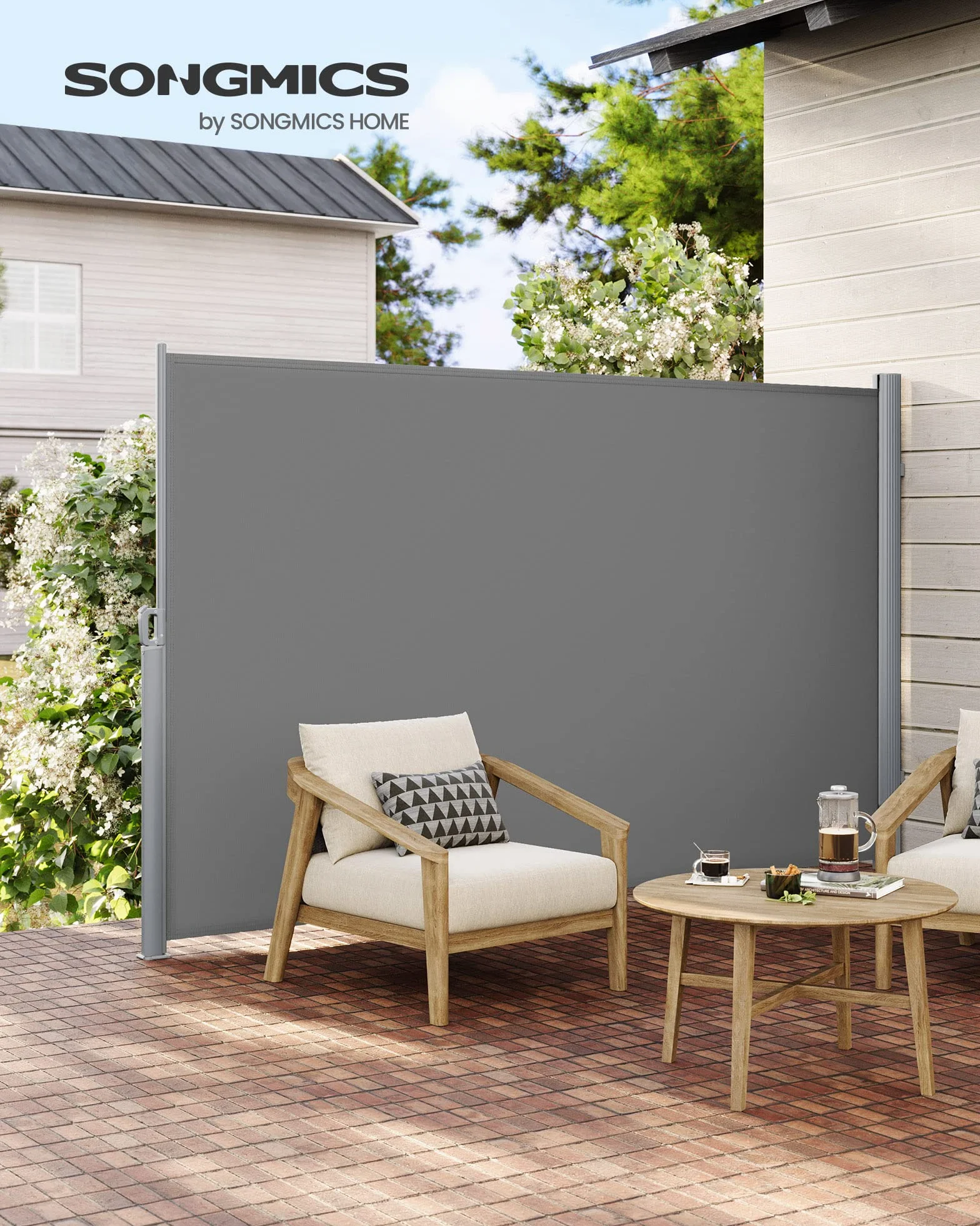 Markiza boczna aluminiowa SONGMICS, rozkładana, 180 x 400 cm, zasłona przeciwsłoneczna, ochrona przeciwsłoneczna, nieprzezroczysta, roleta boczna, na balkon, taras, ogród, szary GSA184G03