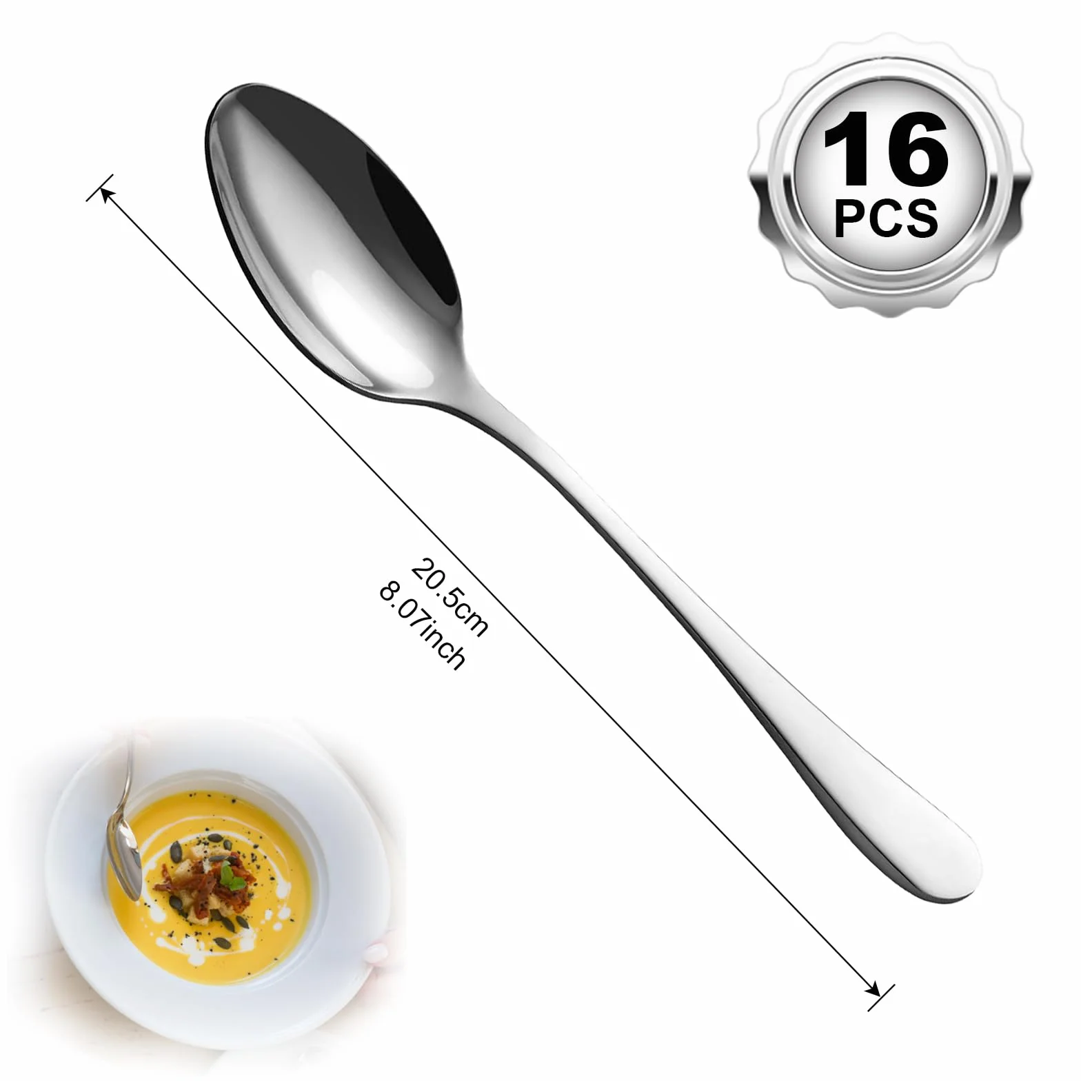 BEWOS - 16 sztuk srebrnej łyżki, łyżka obiadowa ze stali nierdzewnej o długości 20,5 cm / 8,07 cala, unikalna seria łyżeczek do kawy, łyżka do zupy nadająca się do mycia w zmywarce