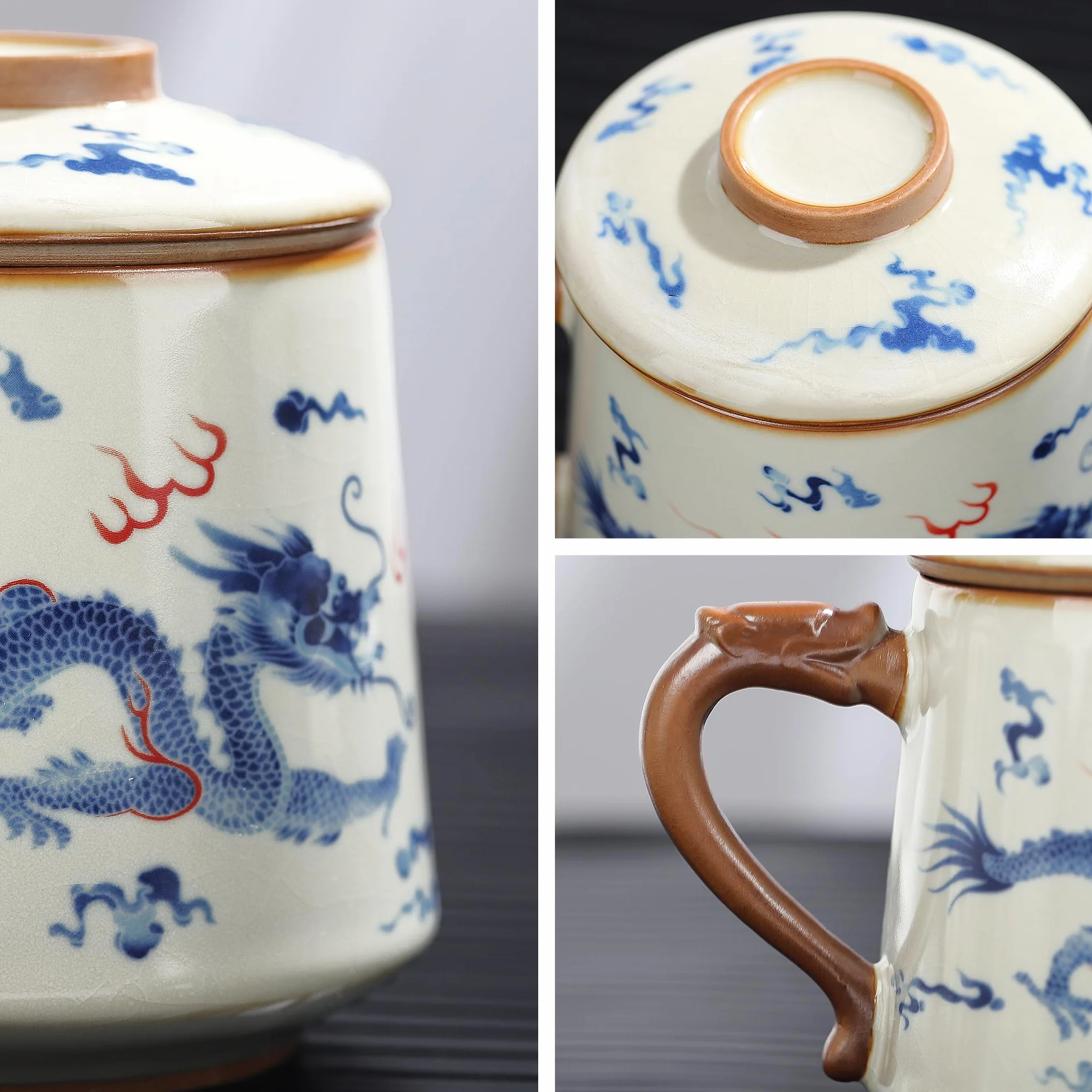 fanquare Chińskie filiżanki do herbaty z zaparzaczem i pokrywką, niebieskie filiżanki do herbaty Loong, porcelana, duża filiżanka do herbaty, na prezent domowy, 450 ml
