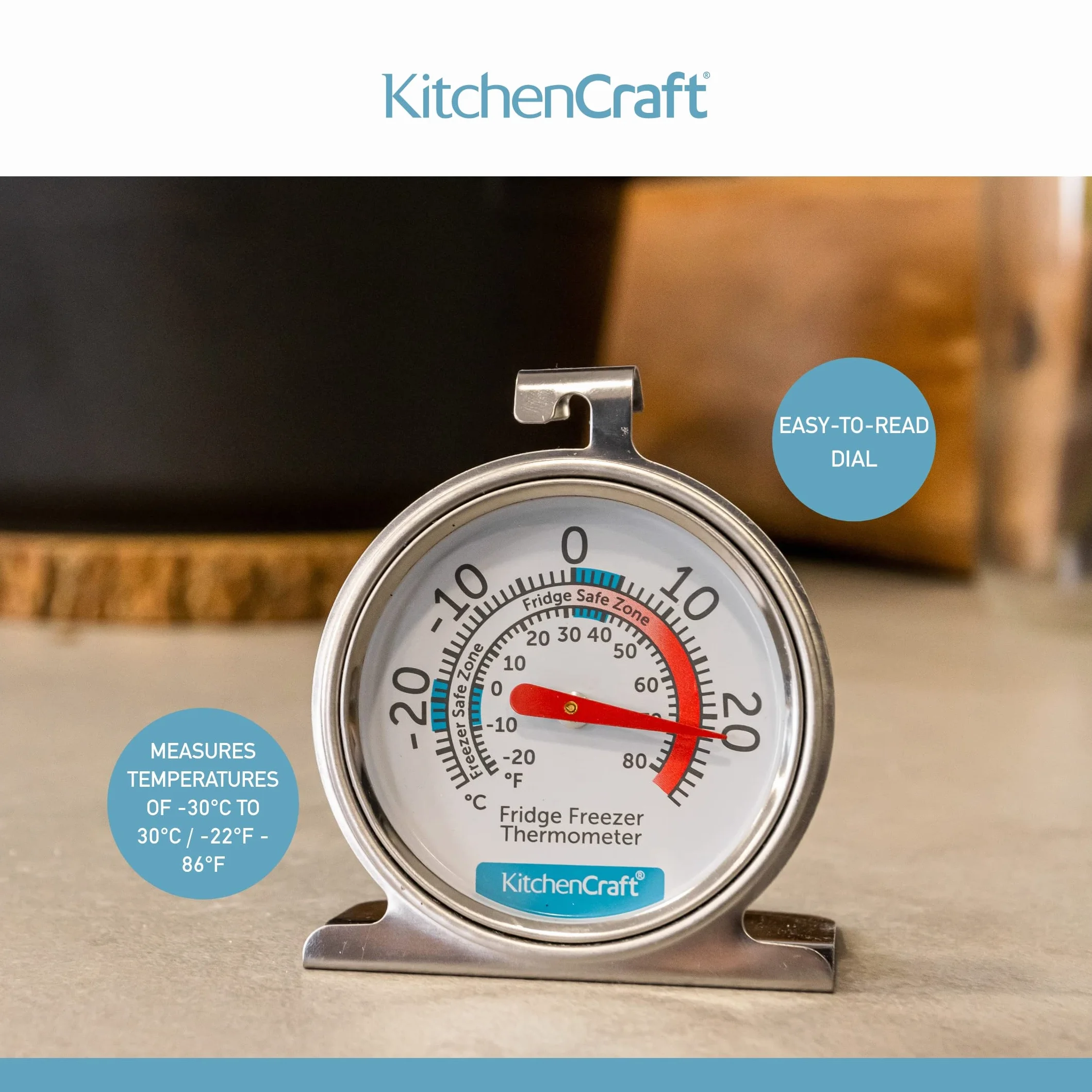 KitchenCraft Termometr do lodówki i zamrażarki z minimalnym przewodnikiem temperatury, przezroczysta tarcza, stal nierdzewna, srebrny