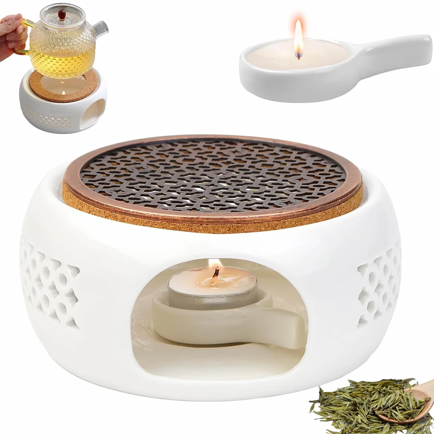 Podgrzewacz do dzbanka do herbaty, ceramiczny podgrzewacz do herbaty, podgrzewacz herbaty, pusty design, ceramiczny podgrzewacz z matą korkową do utrzymania ciepła herbaty, kawy, mleka, biały