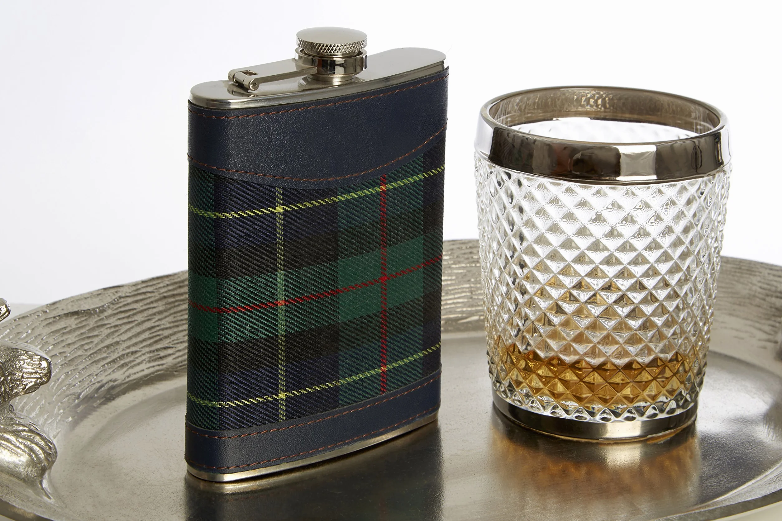 Piersiówka do domu wewnątrz i na zewnątrz, 226 g, stal nierdzewna/zielony tartan
