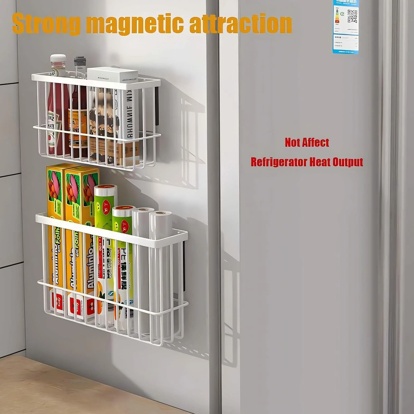 Organizer na przyprawy do lodówki - wszechstronny organizer na lodówkę - magnetyczna półka kuchenna - magnetyczny uchwyt na torby na przyprawy oszczędzający miejsce, biały, 25,5 x 15 x 7,5 cm