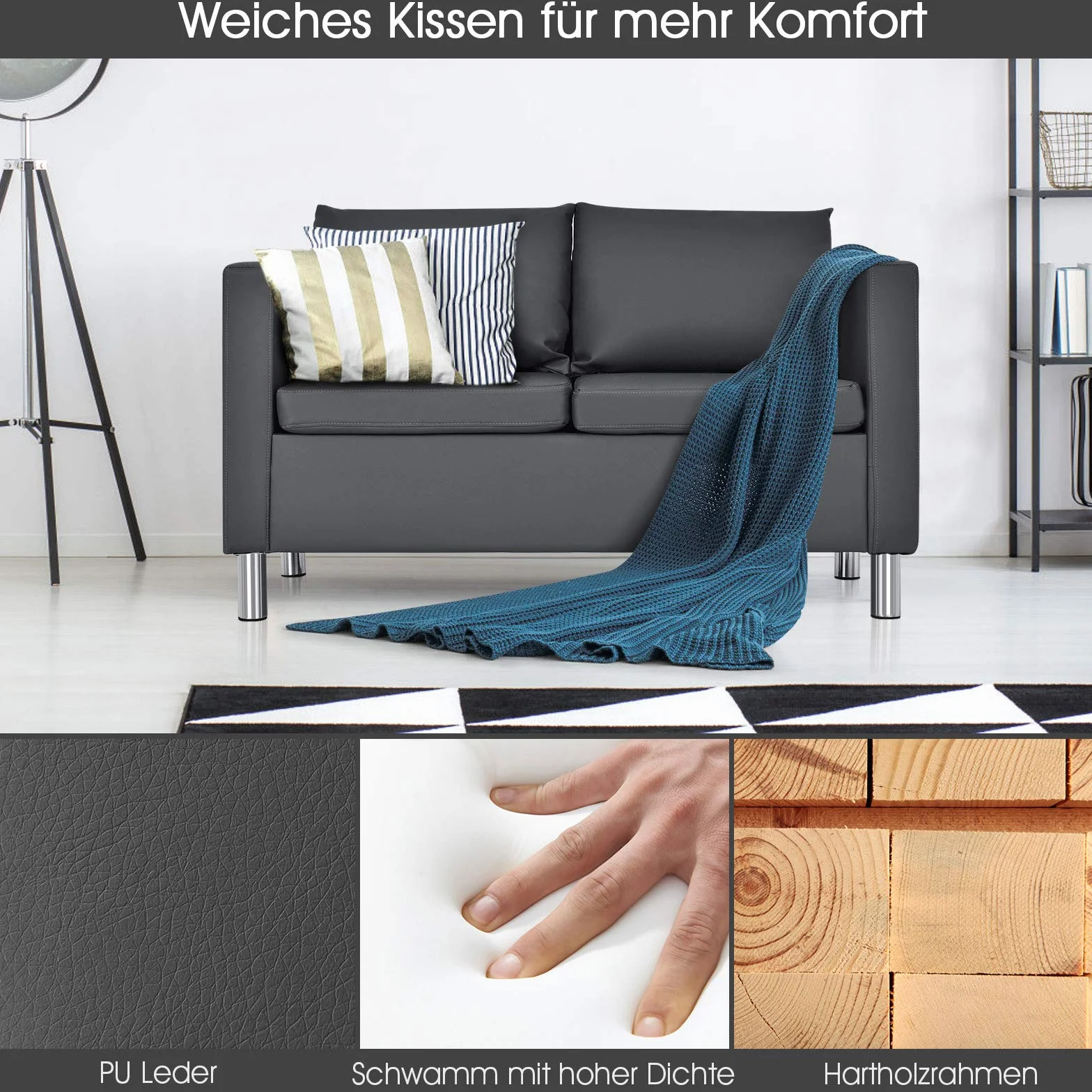 COSTWAY Sofa 2-osobowa z poduszkami, komplet sofy ze sztucznej skóry, idealny do domu i biura, szary