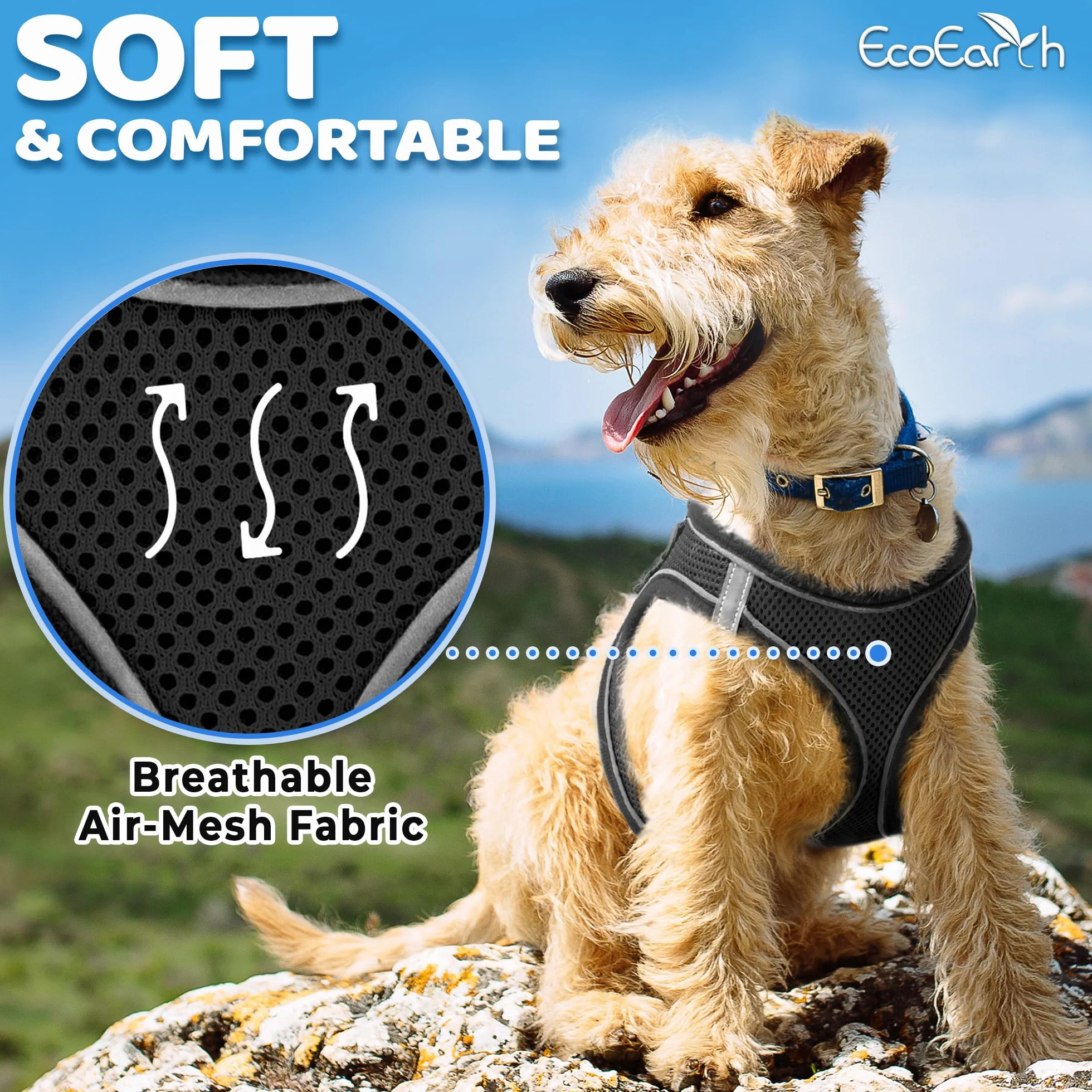 EcoEarth Dog Harness and Leash Set Large Black Soft Padded No Pull Reflective for Small Medium Dogs