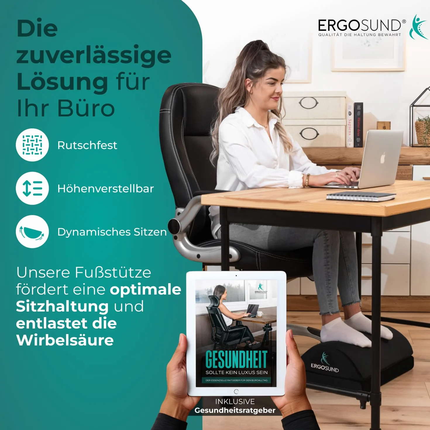 ERGOSUND® Fußstütze Schreibtisch [TESTSIEGER] - Premium Schaumstoffkern - Höhenverstellbare Fußbank [rutschfest] - Ergonomische Fußablage für das Büro & Home Office - Mit Ergotherapeuten entwickelt