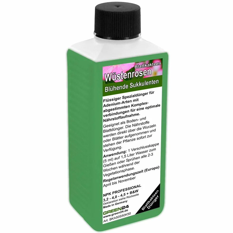 GREEN24 Nawóz do róż pustynnych 250 ml, specjalny nawóz do Adenium obesum, wspomaga gęsty kaudex, bogaty blask kwiatów i zwarty wzrost, idealny do wszystkich drzew butelkowych i roślin kaudexowych