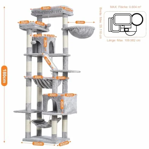 Heybly Kratzbaum 180 cm Ardaí an Chait Túr do Chait Teachtaí le 2 Léimeanna, 2 Mhaighistreachtaí Suímh Mórtha, 2 Hängematten, Corb agus Bord Cráite, Light Gray HCT034W