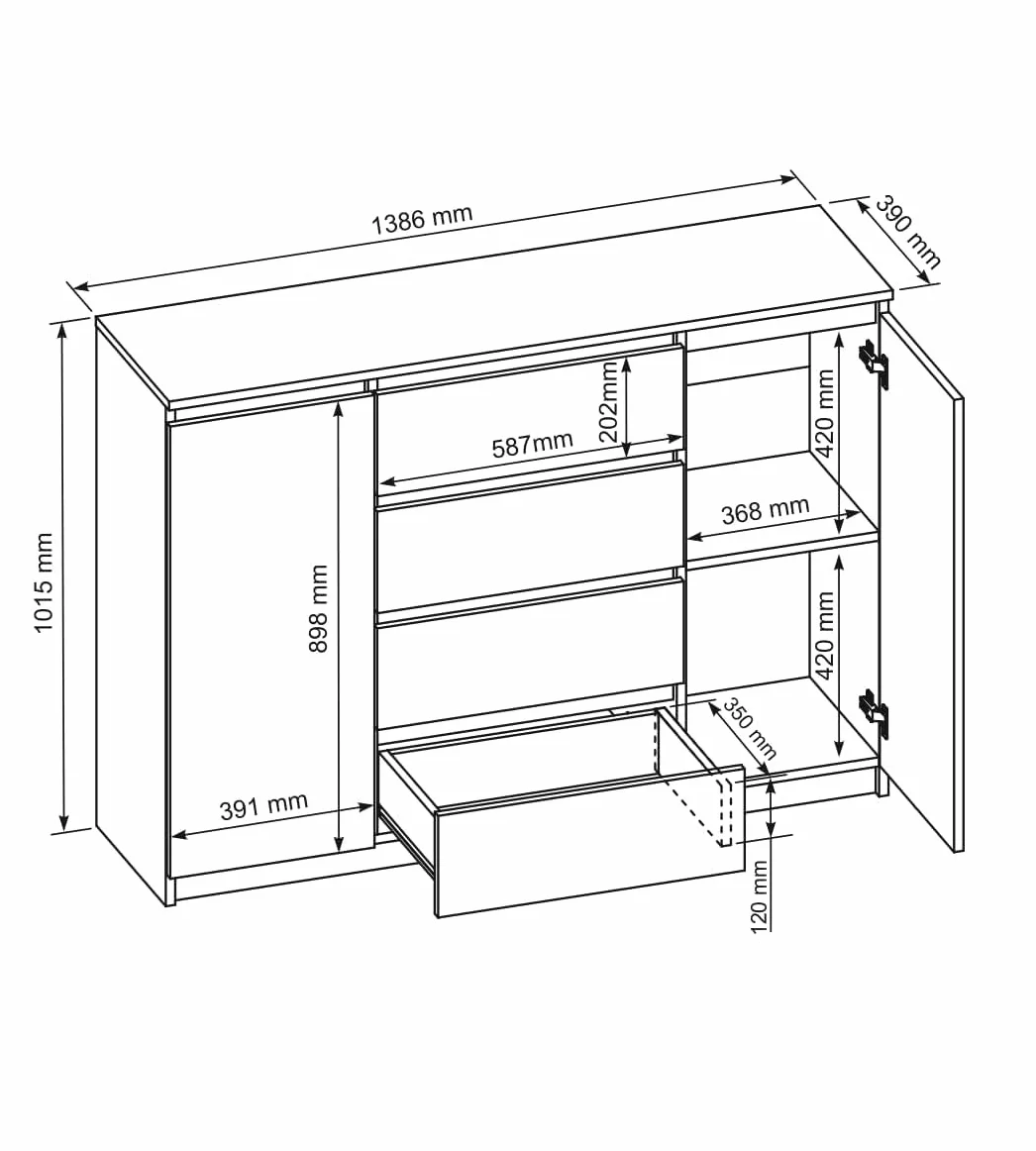 meble masztalerz Komoda Sonoma Matowa z 4 szufladami i 2 drzwiami - 138,6x101,5x39 cm - Komoda do salonu, sypialni - Szafka z szufladami - Komoda z szufladami