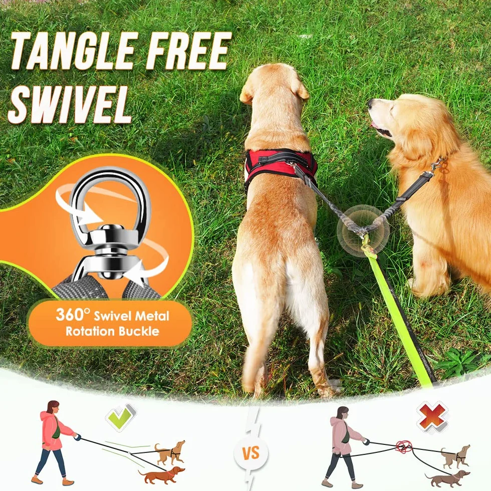 SlowTon Dog Smycze dla 2 psów, podwójna nieplącząca się smycz dla psów chodzących podczas treningu obrotowa 360°, regulowana długość odblaskowa, podwójna przegroda nici dla dwóch psów