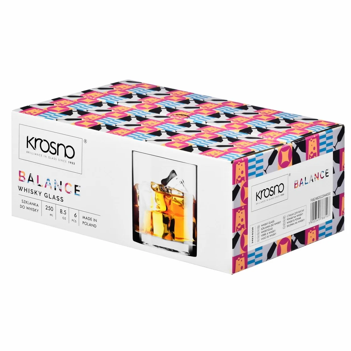 KROSNO | Szklanki do whisky, drinków i wody | Zestaw 6 x 250 ml | Kolekcja Balance | Bezołowiowe szkło | Prosty, klasyczny design | Na imprezy i przyjęcia | Do zmywarki