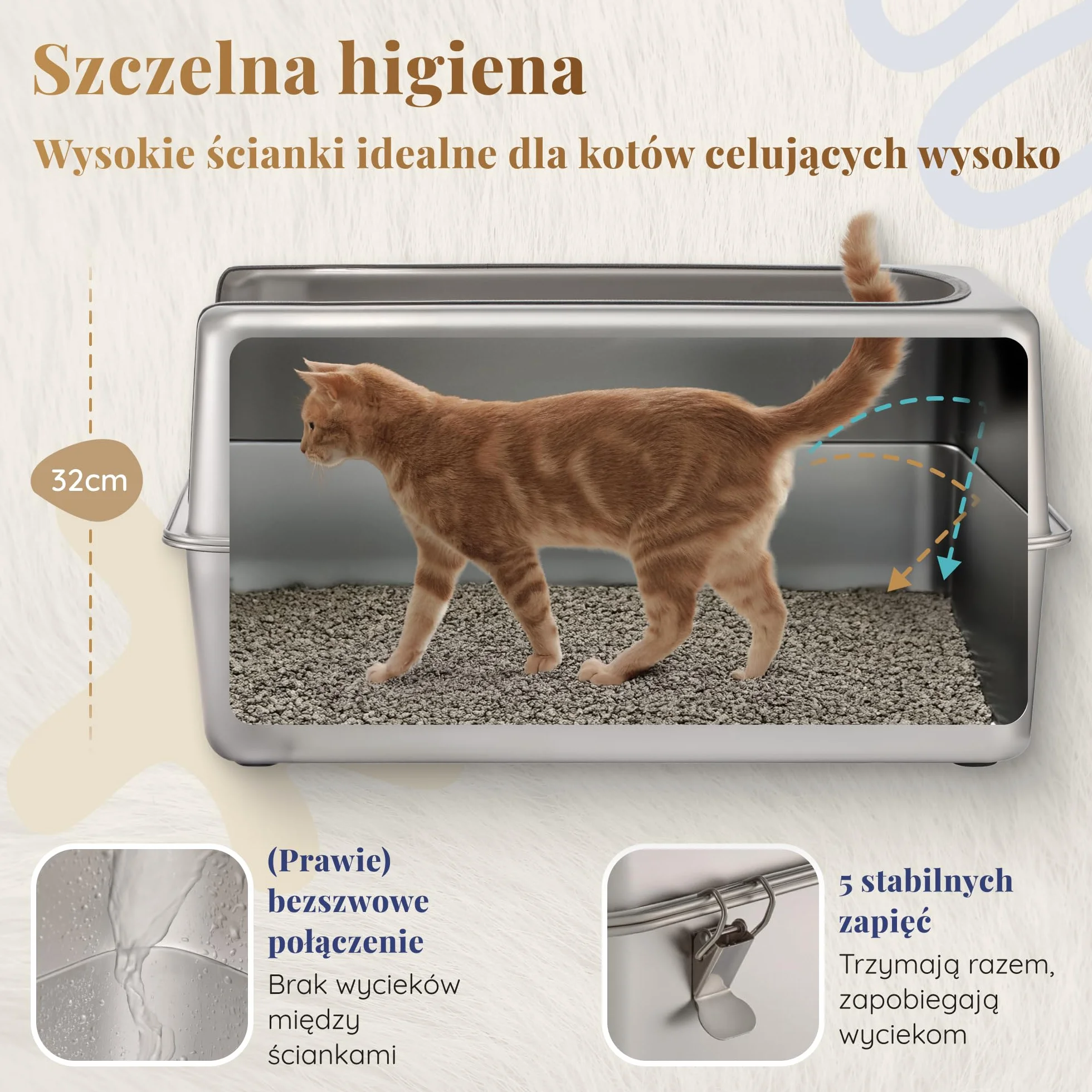 Kuweta dla Kota ze Stali Nierdzewnej XXL 38L z Wysokim Rantem