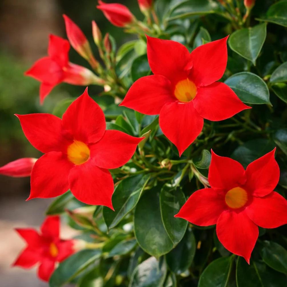 Exotenherz Mandevilla Dipladenia - kwiat lejka - kształt piramidy - doniczka 17 cm - ok. 65-70 cm - czerwona