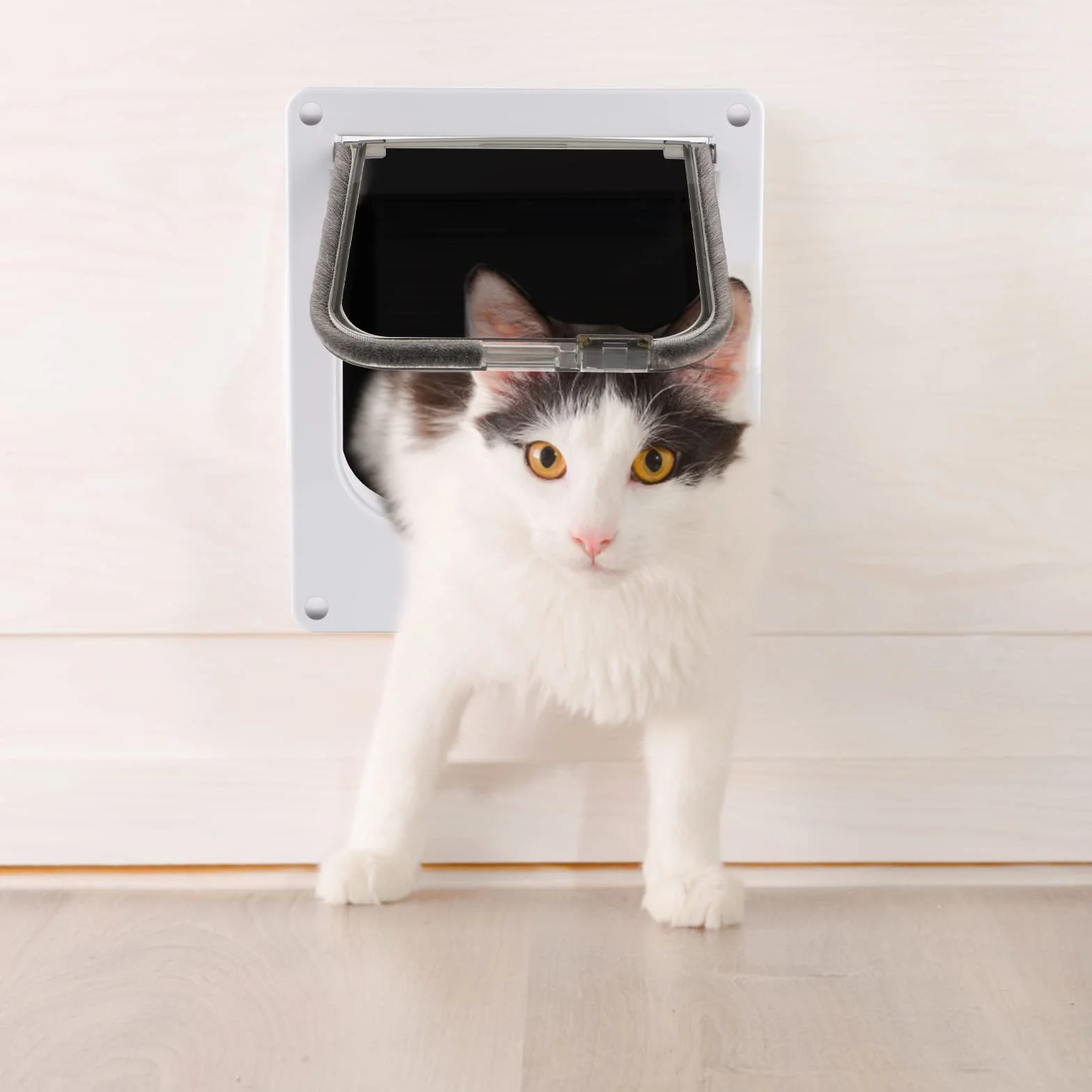 CPROSP Drzwi dla kota białe z 4 ustawieniami blokady, klapa dla kota tunel wewnętrzny 19,5 x 18 cm, rama drzwi Cat Flap Door 27 x 23,5 x 5,5, dla psów/kotów