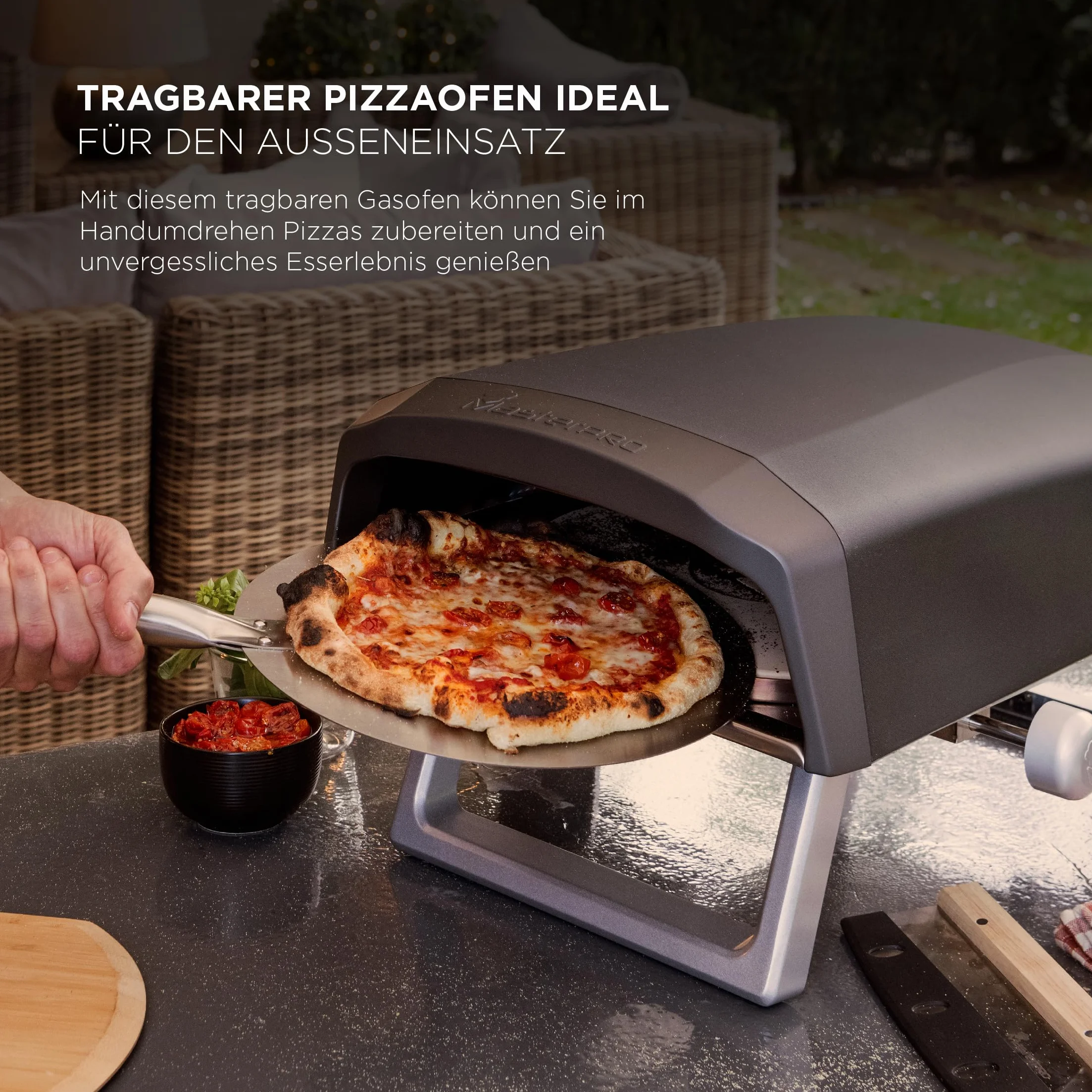 MasterPRO Napoli – przenośny gazowy piec do pizzy – szybkie, równomierne gotowanie – moc do 500°C – pizza gotowa w 60 sekund – torba do przenoszenia i taca kamienna w zestawie