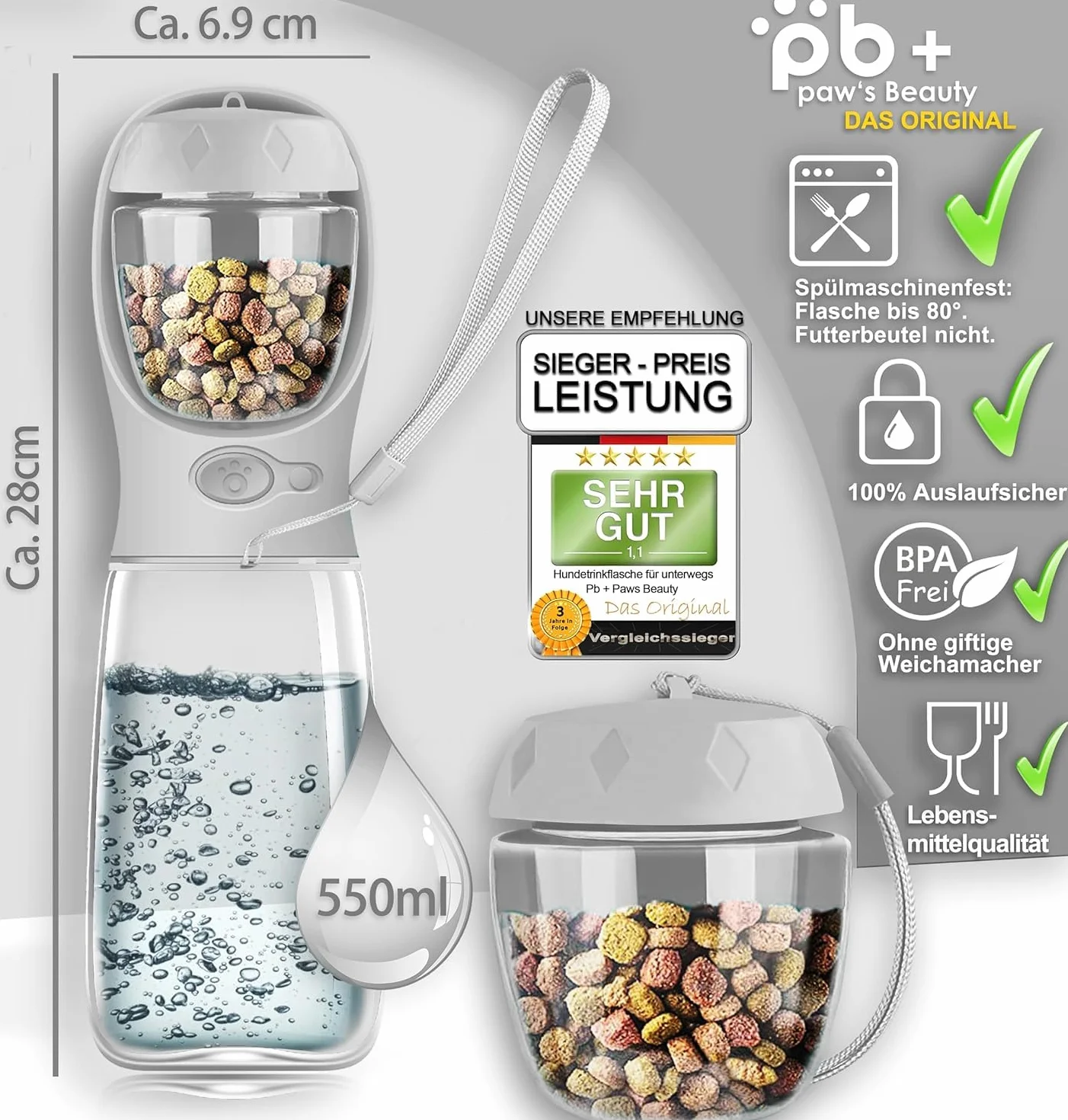 NOWY ZESTAW 3 PREZENTÓW | Innowacyjna butelka do picia dla psów o pojemności 550 ml | W zestawie pojemnik na karmę i szczoteczka do zębów | Butelka premium do picia dla psów