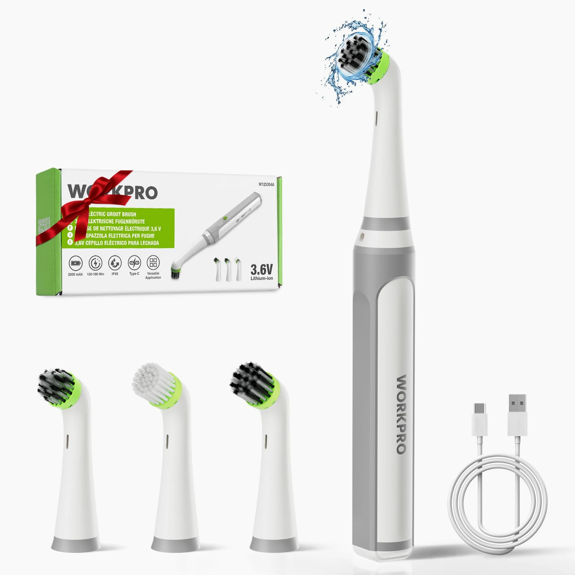 WORKPRO Zestaw szczotek do czyszczenia szczelin elektrycznych, 5500 obr./min, wodoodporna elektryczna myjka IPX6, z kablem do ładowania USB-C i 4 wymiennymi głowicami szczotkowymi do czyszczenia