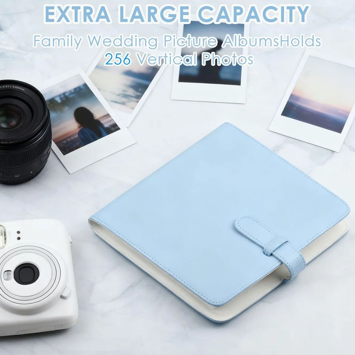 Mini album na zdjęcia Instax Mini i Polaroid cynk, 256 przegródek, uniwersalny do Mini 11/12/9/8+, SnapTouch, idealny jako album ślubny lub rodzinny (niebieski)