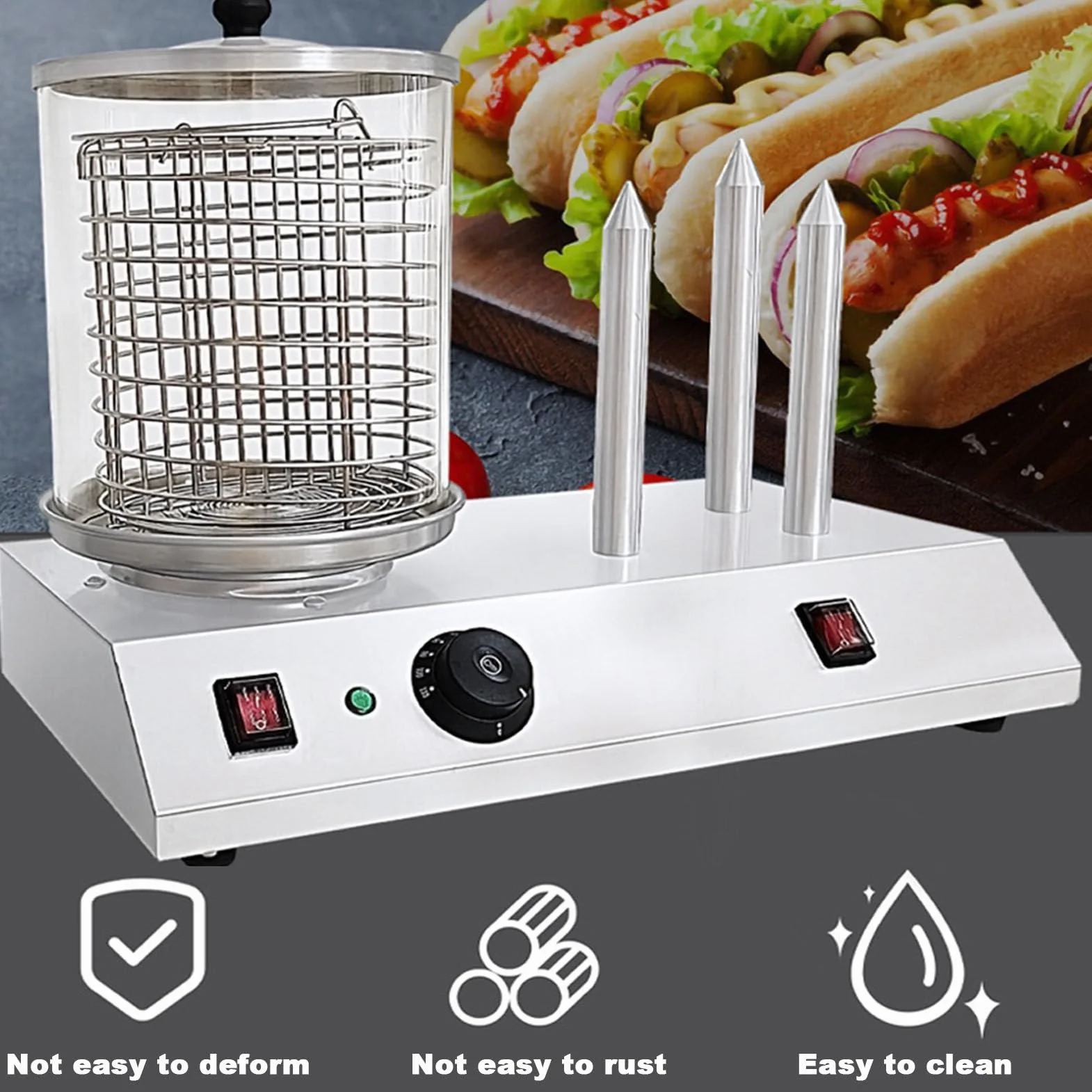 Elektryczna maszyna do robienia hot dogów, 458W, komercyjna maszyna do podgrzewania pieczywa kiełbasianego, z bułką, do restauracji i dla rodzin