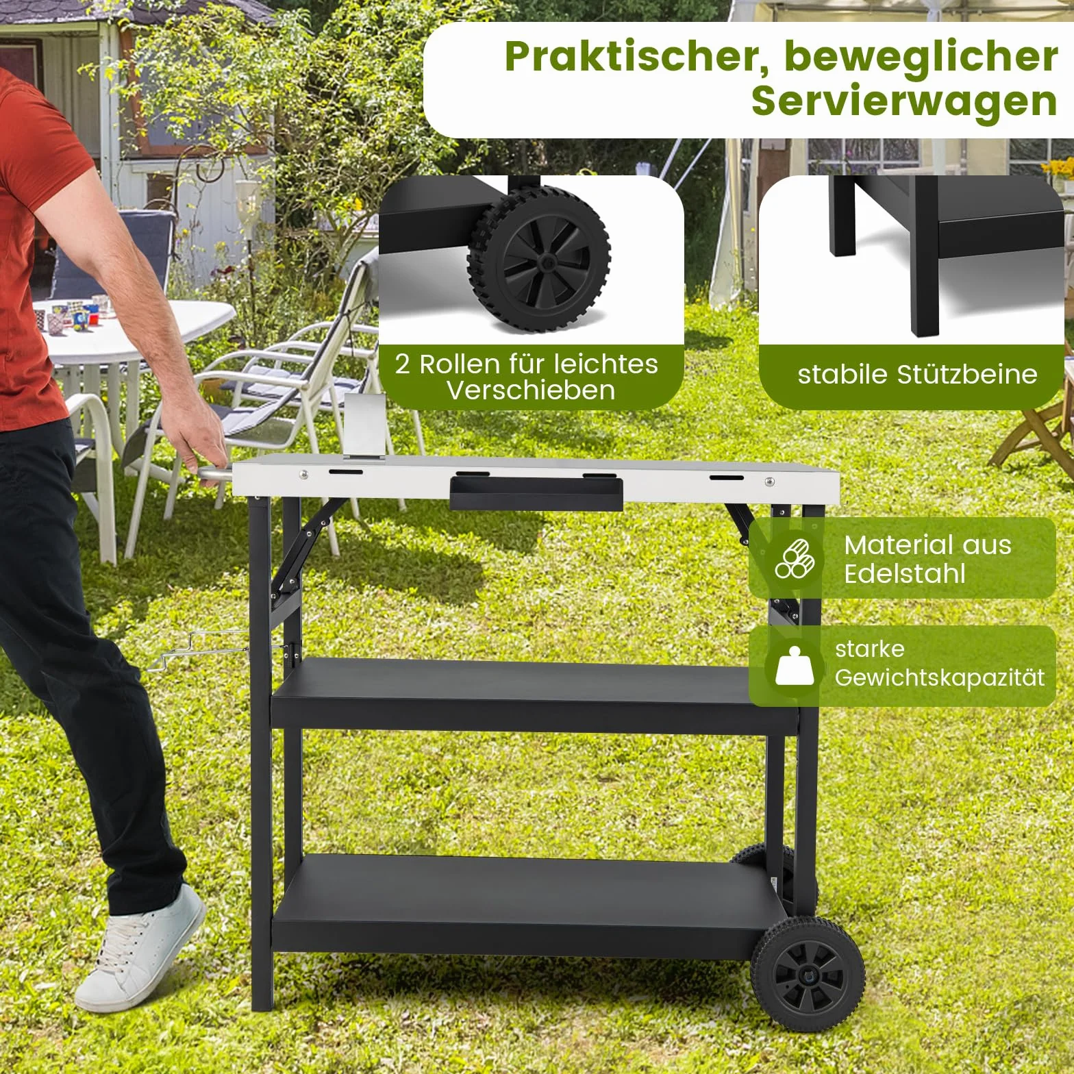 COSTWAY Stół do grillowania z 3 półkami, wózek do grillowania z regulowaną półką, stojak na telefon, regał na przyprawy, wieszak na ręczniki, uchwyt na chusteczki i haczyk, wózek do serwowania na