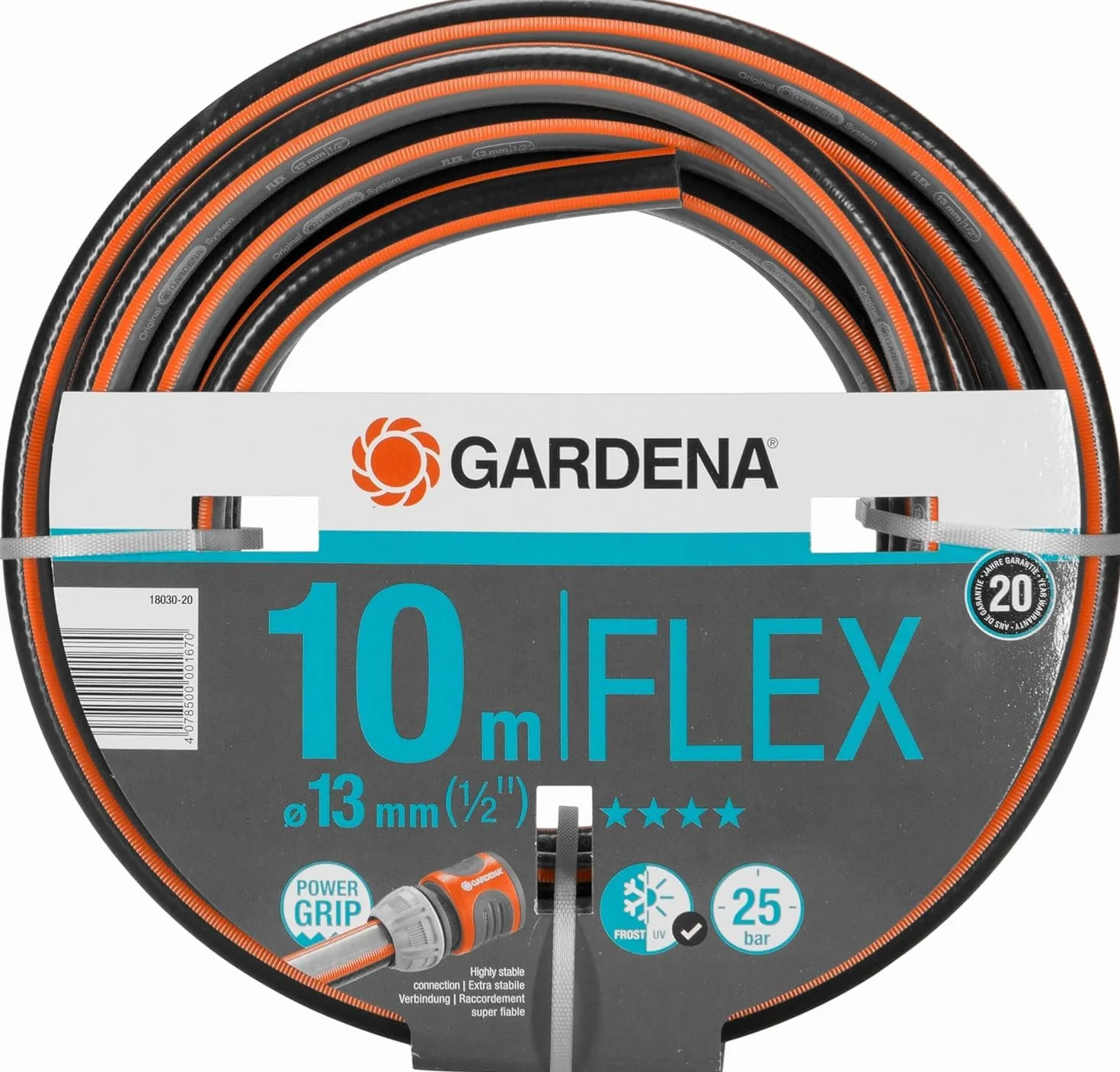 Gardena Comfort FLEX wąż 13 mm (1/2"), 10 m: odporny na odkształcenia, elastyczny wąż z profilem Power Grip, oplot spiralny, ciśnienie rozrywające 25 barów, bez części systemowych (18030-20)
