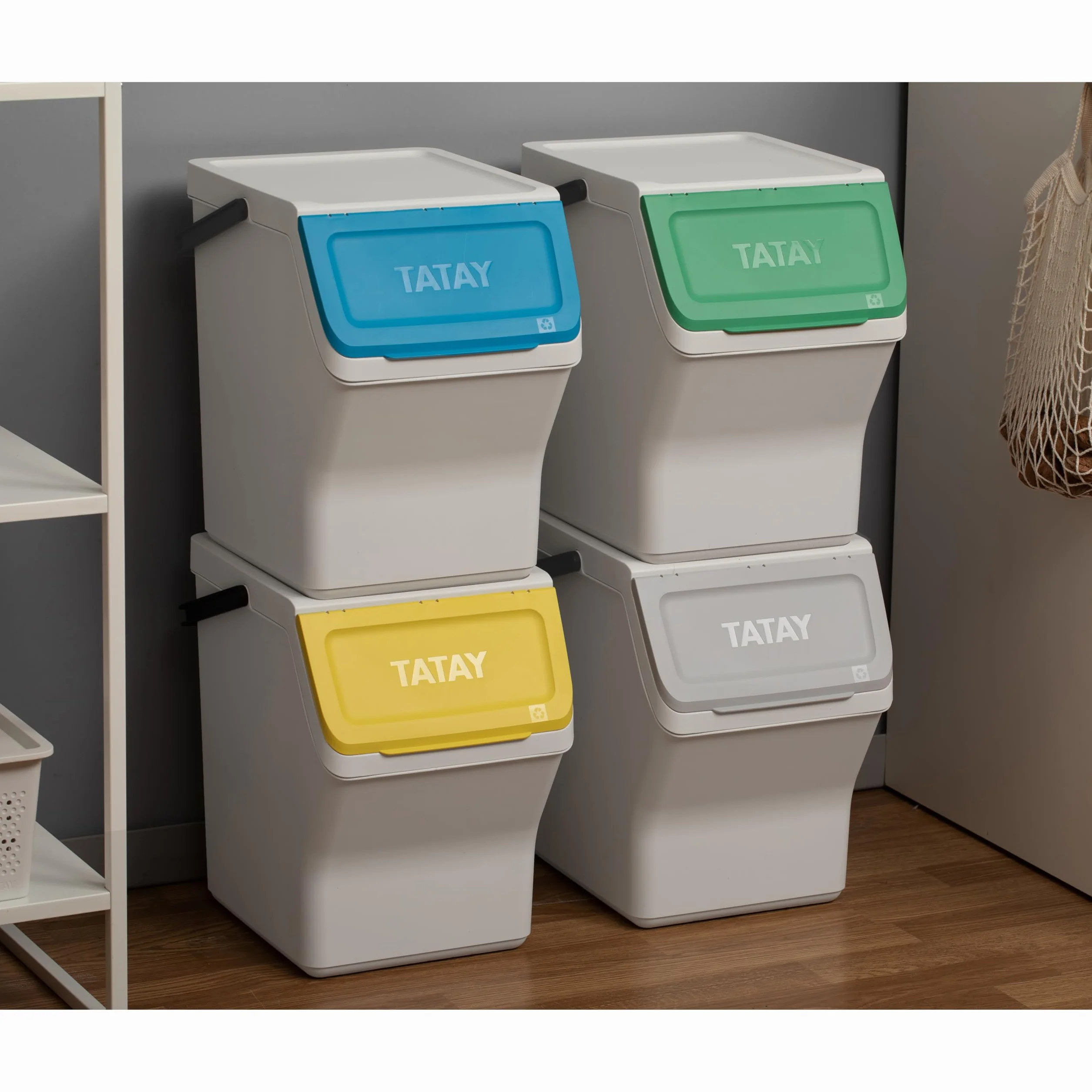 TATAY Praktyczny 4 Koszy do Segregacji Easy Waste 20 L, 35x27x36 cm | Pokrywa Kosza | Modułowe Sztaplowane | Pokrywa z Systemem Click | Wbudowany Uchwyt | Wygodna Obsługa, Białe