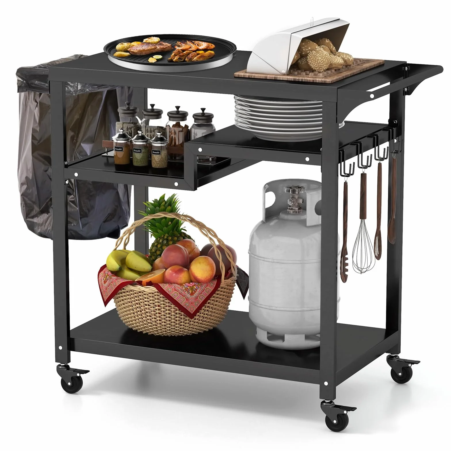 COSTWAY Grill na kółkach, stół do grillowania, do użytku na zewnątrz, stół do pizzy z 4 półkami i 4 kółkami i haczykami, stolik pomocniczy, wózek do serwowania, wózek ogrodowy, wózek do serwowania na