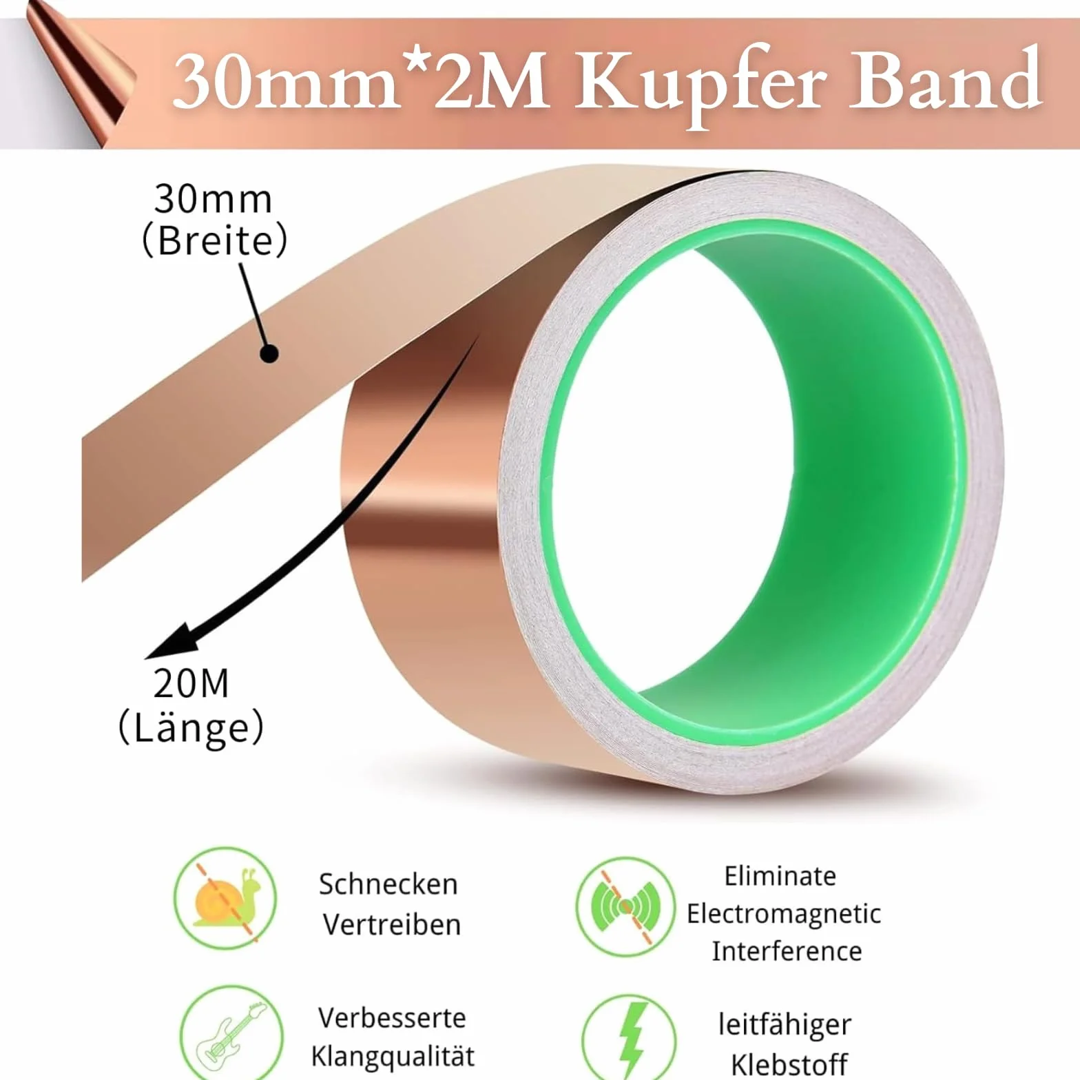 Taśma miedziana przeciw ślimakom, 20 m x 30 mm, dwustronnie przewodząca taśma z folii miedzianej EMI, ochrona przed ślimakami, taśma miedziana do roślin podwyższonych grządek, taśma miedziana