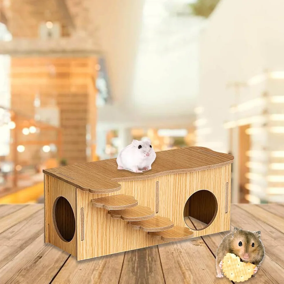 Domek ze świnką morską, drewniany domek dla chomików, drewniany domek dla chomików, akcesoria do klatki dla świnek morskich, odpowiedni dla chomików do jedzenia, spania i zabawy, 27 x 14 x 10,5 cm