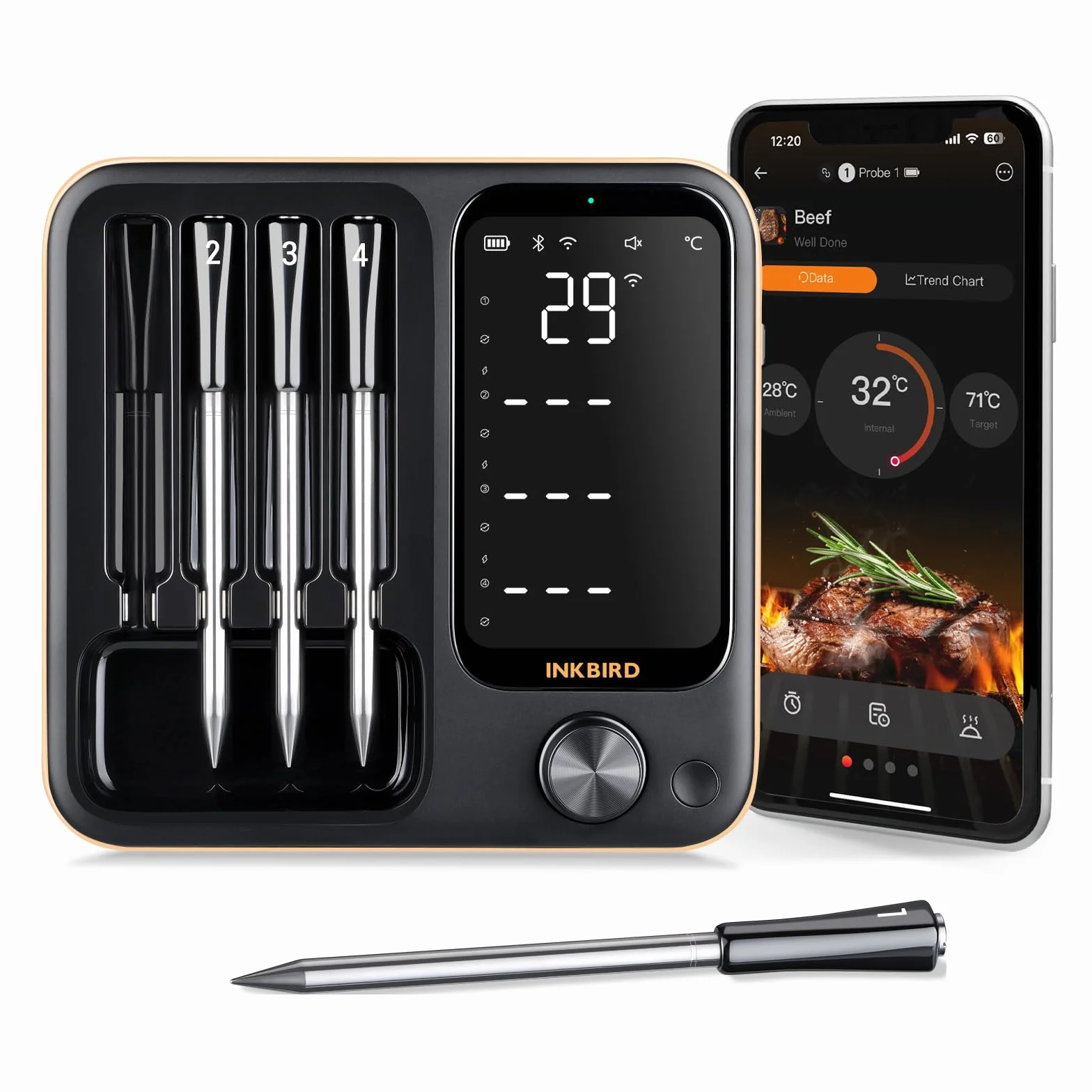 Inkbird INT-14-BW bezprzewodowy termometr do mięsa, inteligentny termometr do grilla, WiFi 2,4 G, sygnał Bluetooth 5.4, 91 m, termometr do piekarnika, grilla, wędzarni, piekarnika