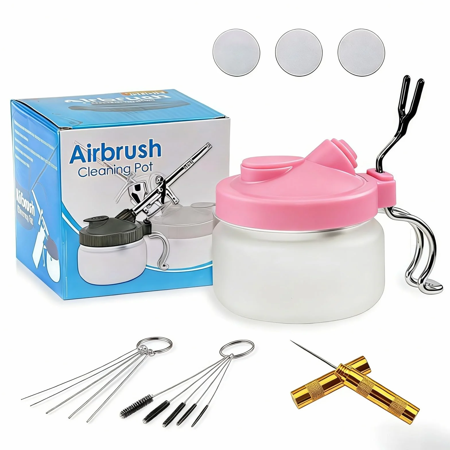 Kiuiom Profesjonalny pojemnik do czyszczenia Airbrush z uchwytem, profesjonalny pistolet natryskowy, pojemnik do czyszczenia, 5 szczotek do czyszczenia, 5 igieł do czyszczenia, 1 skrobak do
