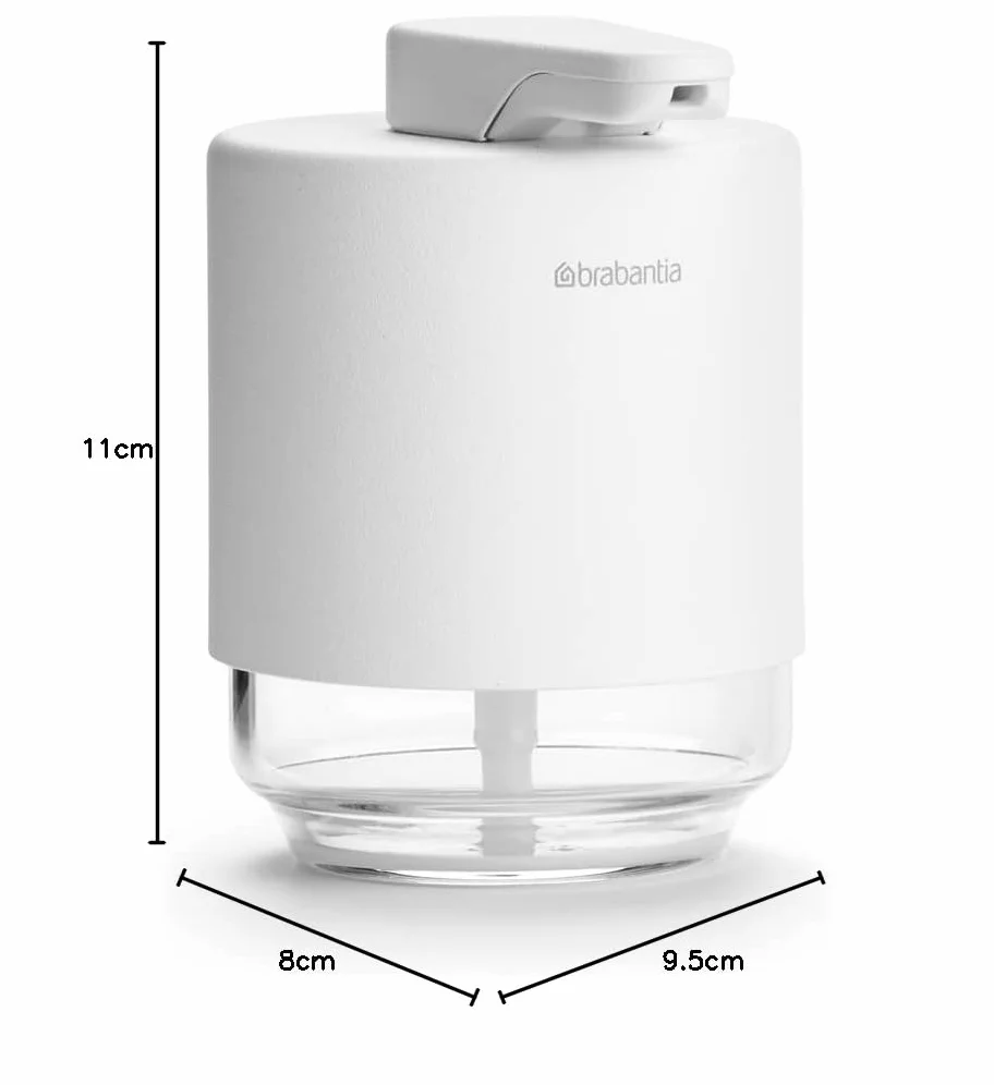 Brabantia - Mindset Dozownik Mydła - Niekapiący Mechanizm Pompki - Łatwy do Uzupełnienia - Wykonany z Odpornego na Korozję Metalu i Szkła - Stylowy Dodatek do Łazienki - Fresh White - 200 ml