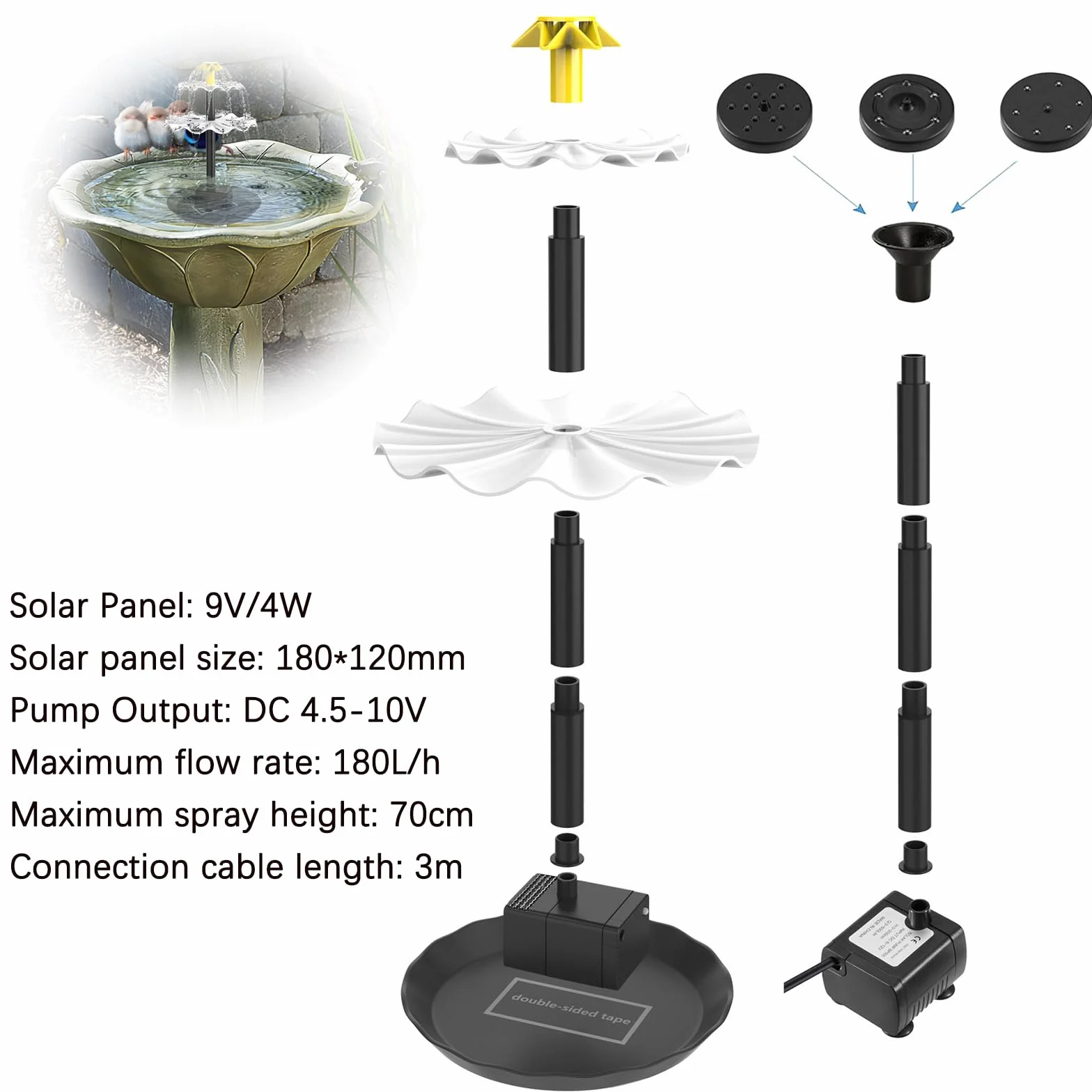 Fontanna solarna do użytku na zewnątrz, 4 W, zrób to sam", 3-warstwowa pompa do stawu, monokrystaliczny panel słoneczny, fontanna solarna do użytku na zewnątrz, do stawu ogrodowego, fontanny, wanny z