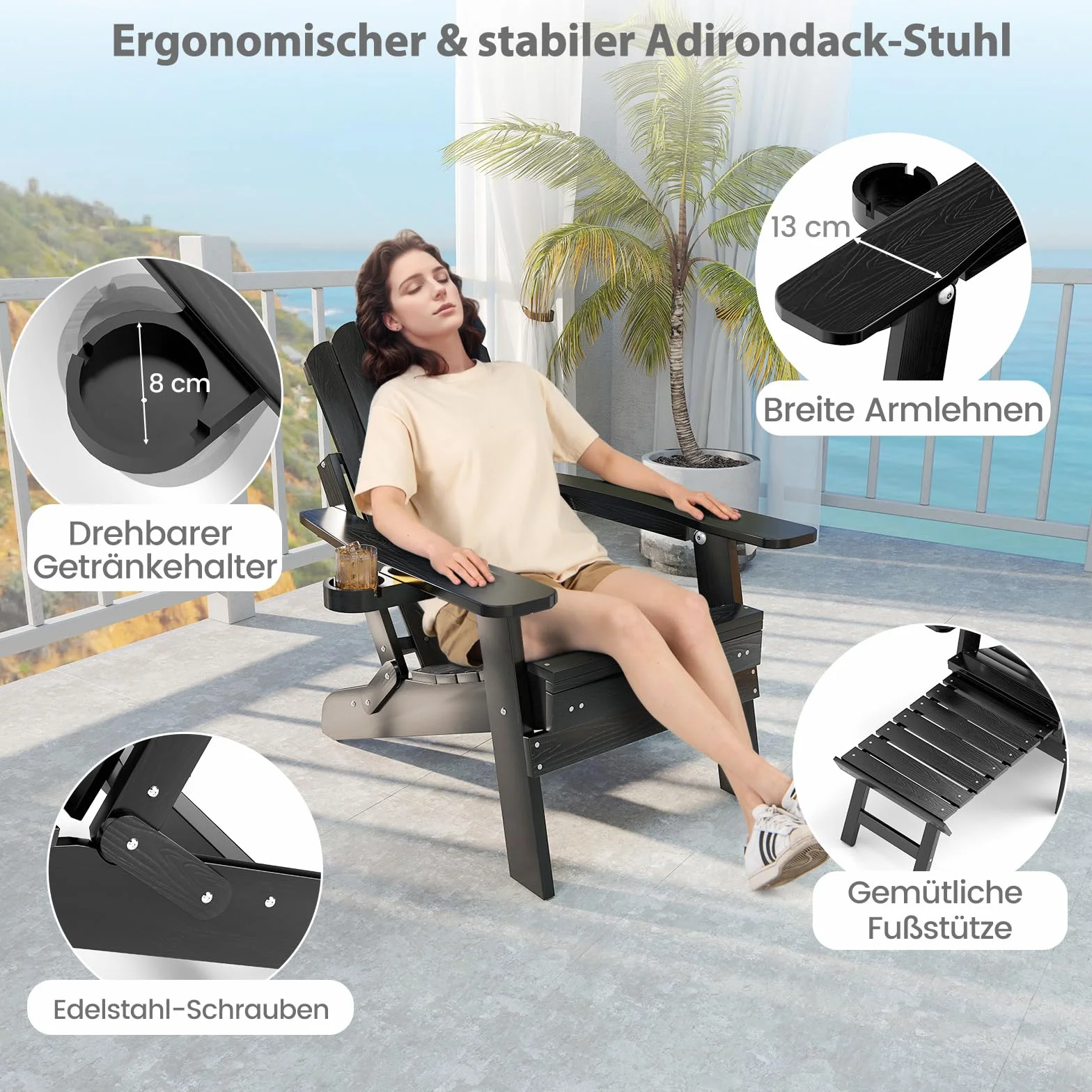 COSTWAY Składane krzesło Adirondack z podnóżkiem i regulowanym oparciem, odporne na warunki atmosferyczne Adirondack Chair z tworzywa sztucznego, fotel ogrodowy z uchwytem na napoje, do ogrodu, na